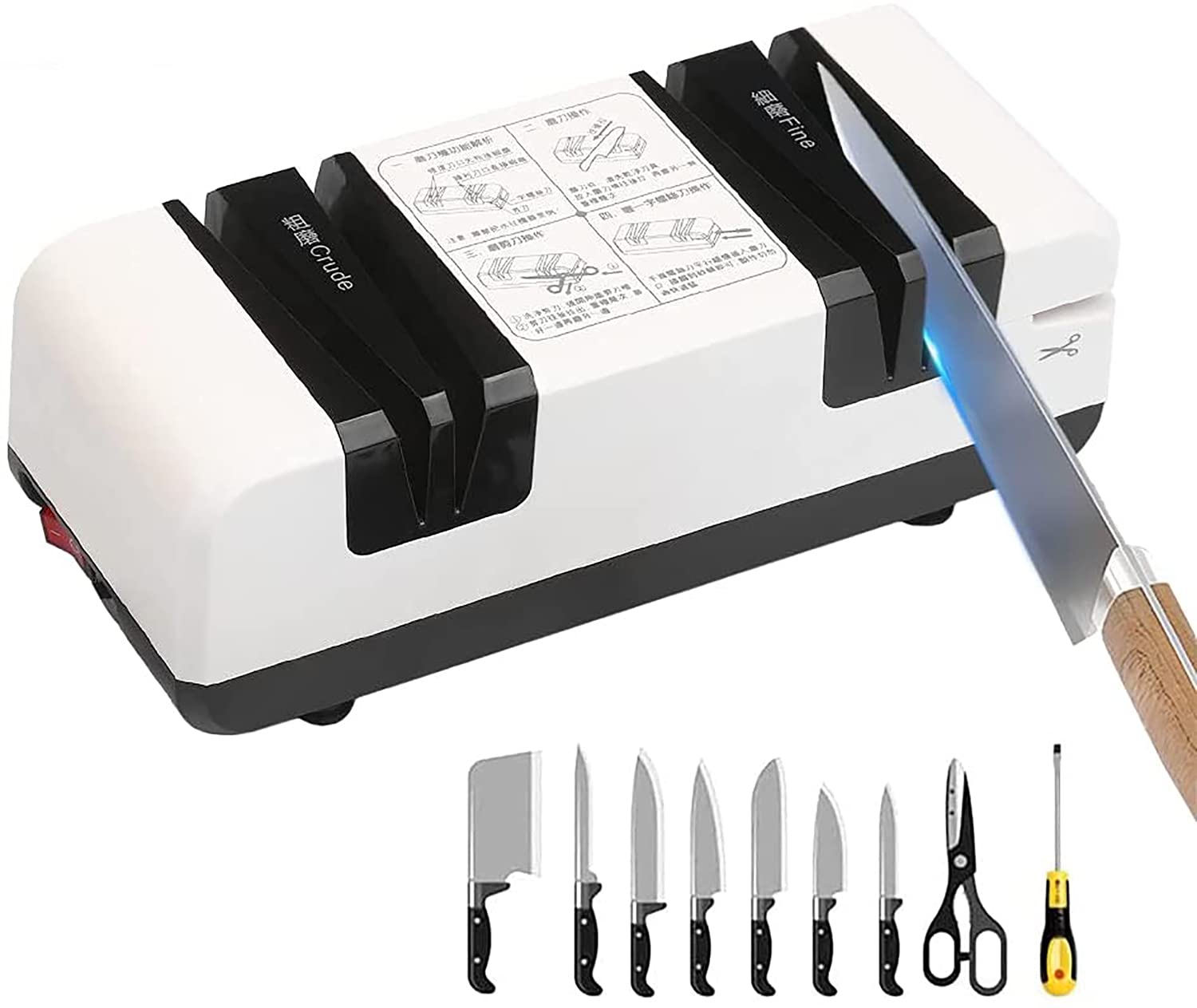 DENGFENG Knife Sharpener, 90W Electric Knife Sharpener for Home, with 15Degree Bevel 2 Wide Stages Grooves, Multifunction for Scissors and Slotted Screwdriver, 5 Minutes Overheat Protection White
