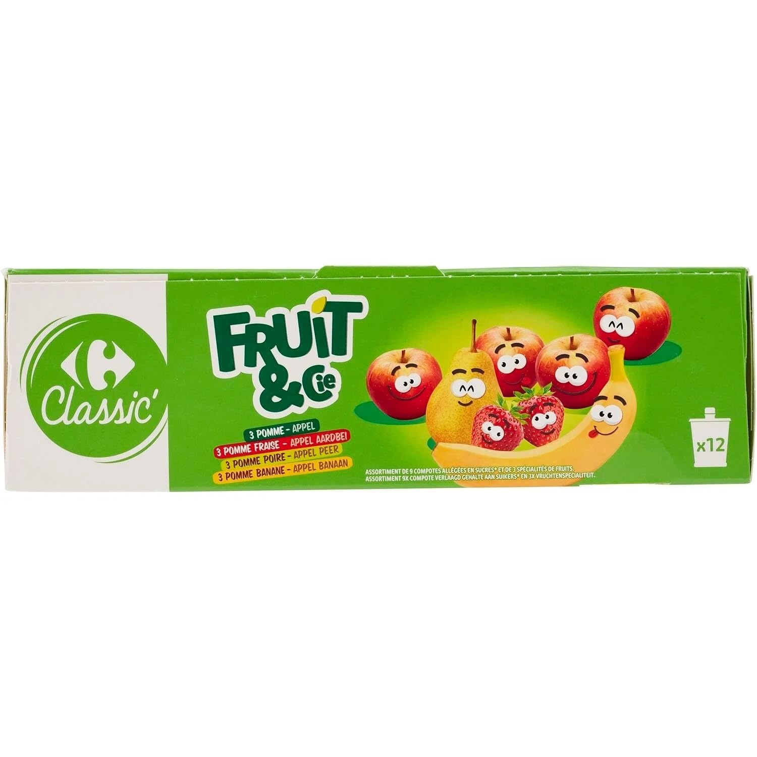 CARREFOUR CLASSIC - Assortiment de 12 Compotes Allégées en Sucres Pomme, Pomme Fraise et Spécialités Pomme Poire - les 12 gourdes de 90g - 1080g - Le Lot De 3