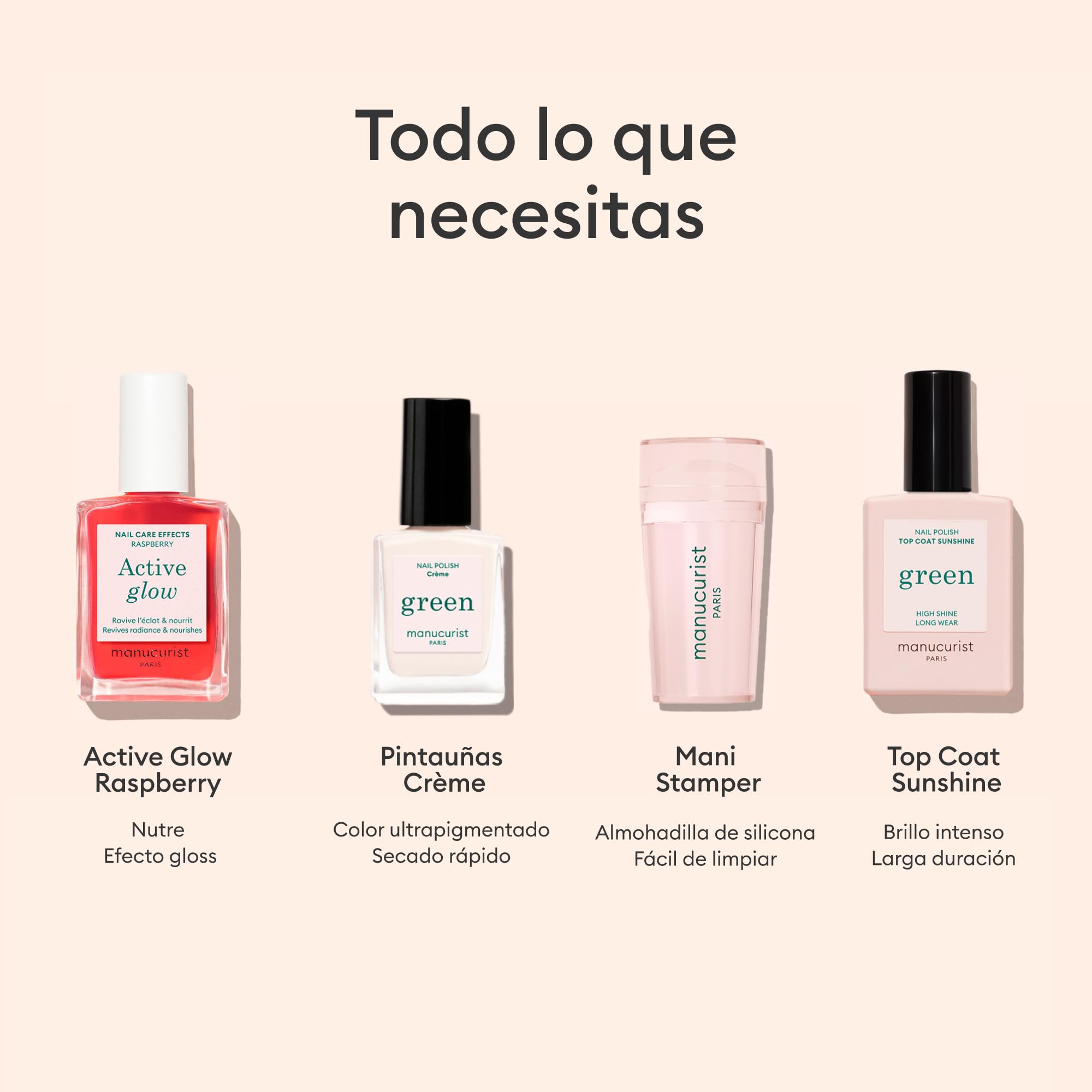 Manucurist – Set Active French Manicure Routine – Endurecedor de Uñas Active™ Glow Raspberry, Esmalte de Uñas Green™ Crème Tamaño Viaje, Mani Stamper y Top Coat Sunshine Efecto Gel – Kit de Manicura F