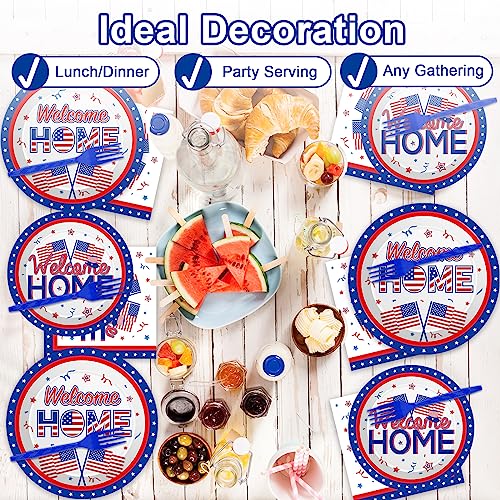 Image of 100Pcs Military Welcome Home Decorations Patriotic Army Soldier Homecoming Plates Napkins Proud of You Deployment Returning Party Decor Supplies Red White Blue Welcome Home Tableware Serve 25 Guests