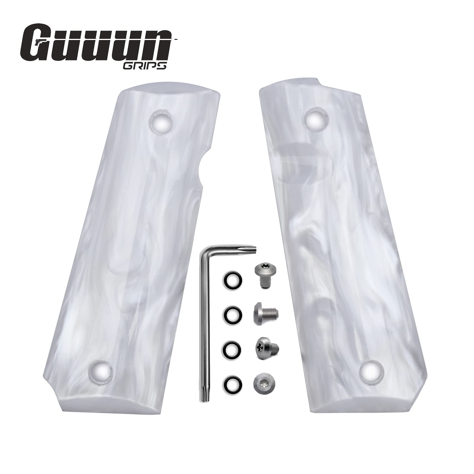 Guuun 1911 Grips High Polished Synthetic White Pearl Resin Ambi Safety Bottom Standard Cut, Screws Set Included - White Pearl