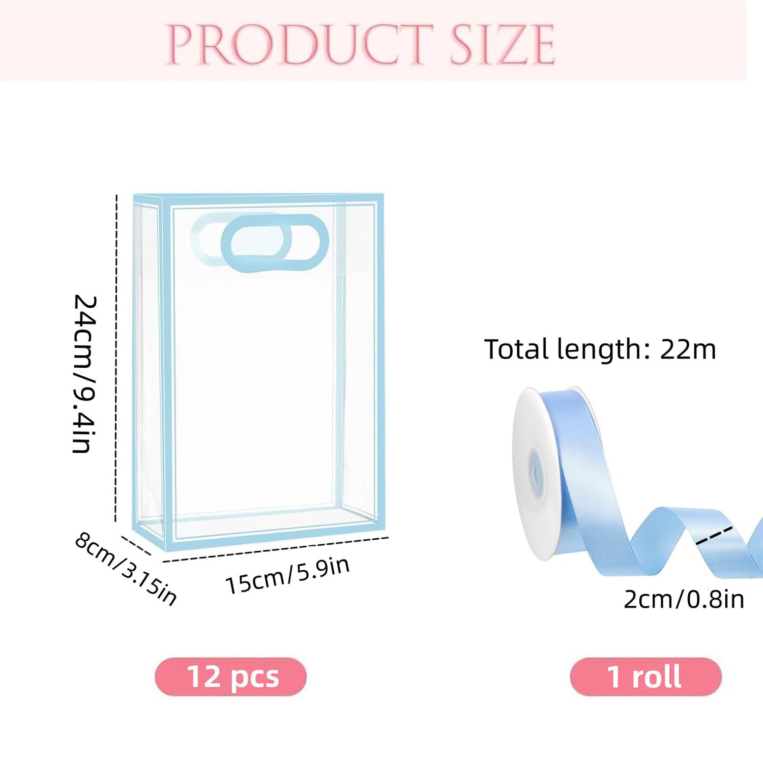 12 przezroczystych torebek prezentowych z PCW z uchwytami, plastikowe torebki na imprezę, z taśmą, wielokrotnego użytku, na wesele, dla panny młodej, baby shower, urodziny (jasnoniebieskie, 15 x 24 x