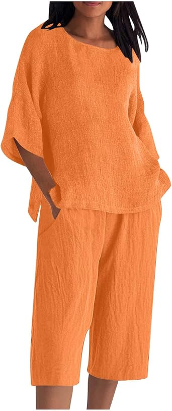 Womens Summer 2 Piece Outfits 3/4 Sleeve Linen Top Flowy Wide Leg Capri Pants Matching Sets Vacation Travel Outfits