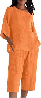 Linen Sets for Women 2 Piece Outfits Loose Fit Casual Crew Neck 3/4 Sleeve Shirts Top and Capris Pants with Pockets