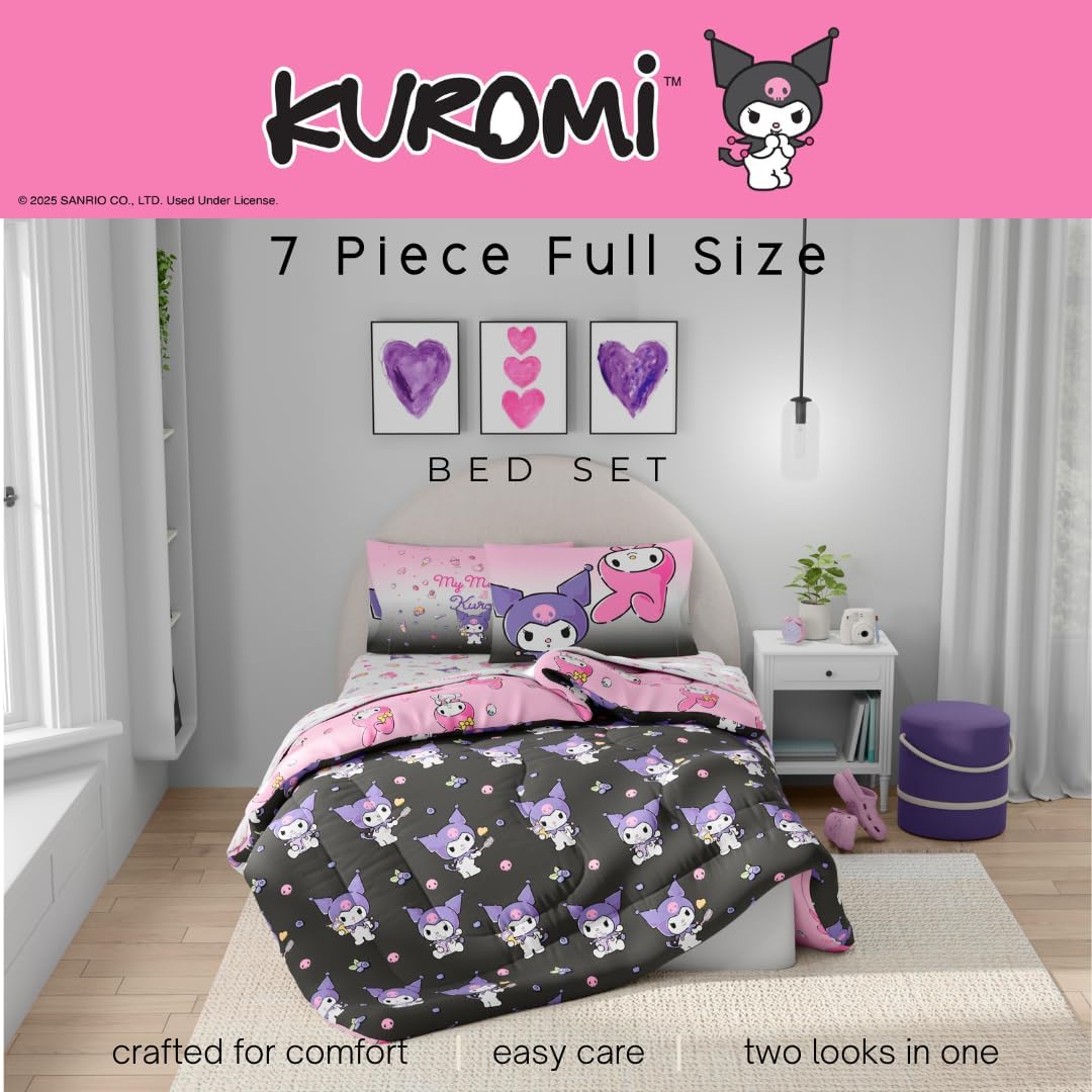 Sanrio Kuromi & My Melody Bedding 7 Piece Super Soft Cozy Reversible Comforter and Sheet Set with Sham, Full, (Officially Licensed Product) By Franco