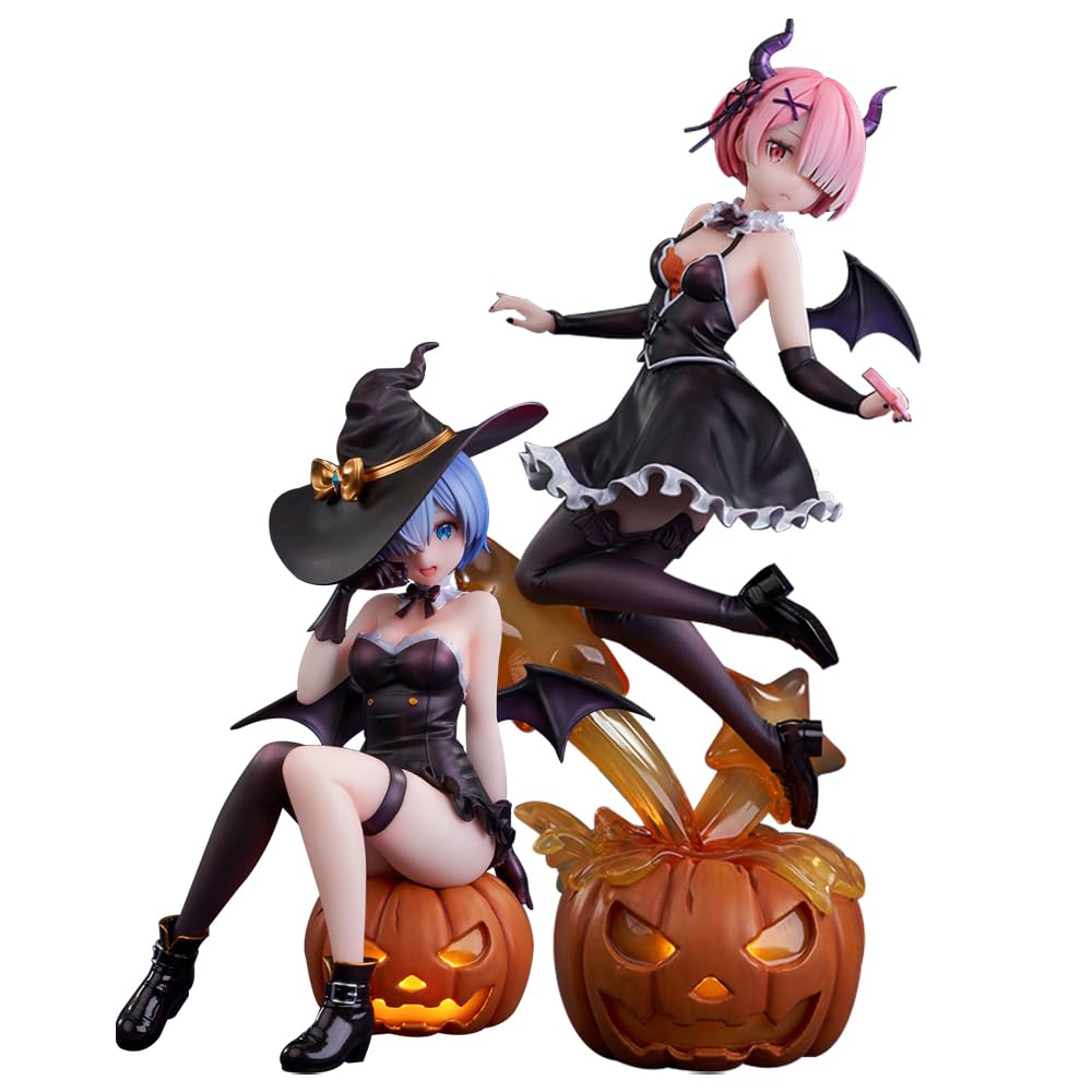 Tongyundacheng Anime Rem and Ram Figure Cute Manga Girl Action Figure Halloween Pumpkin Base Collectible Desktop Ornaments Anime PVC Decoration Gifts for Fans
