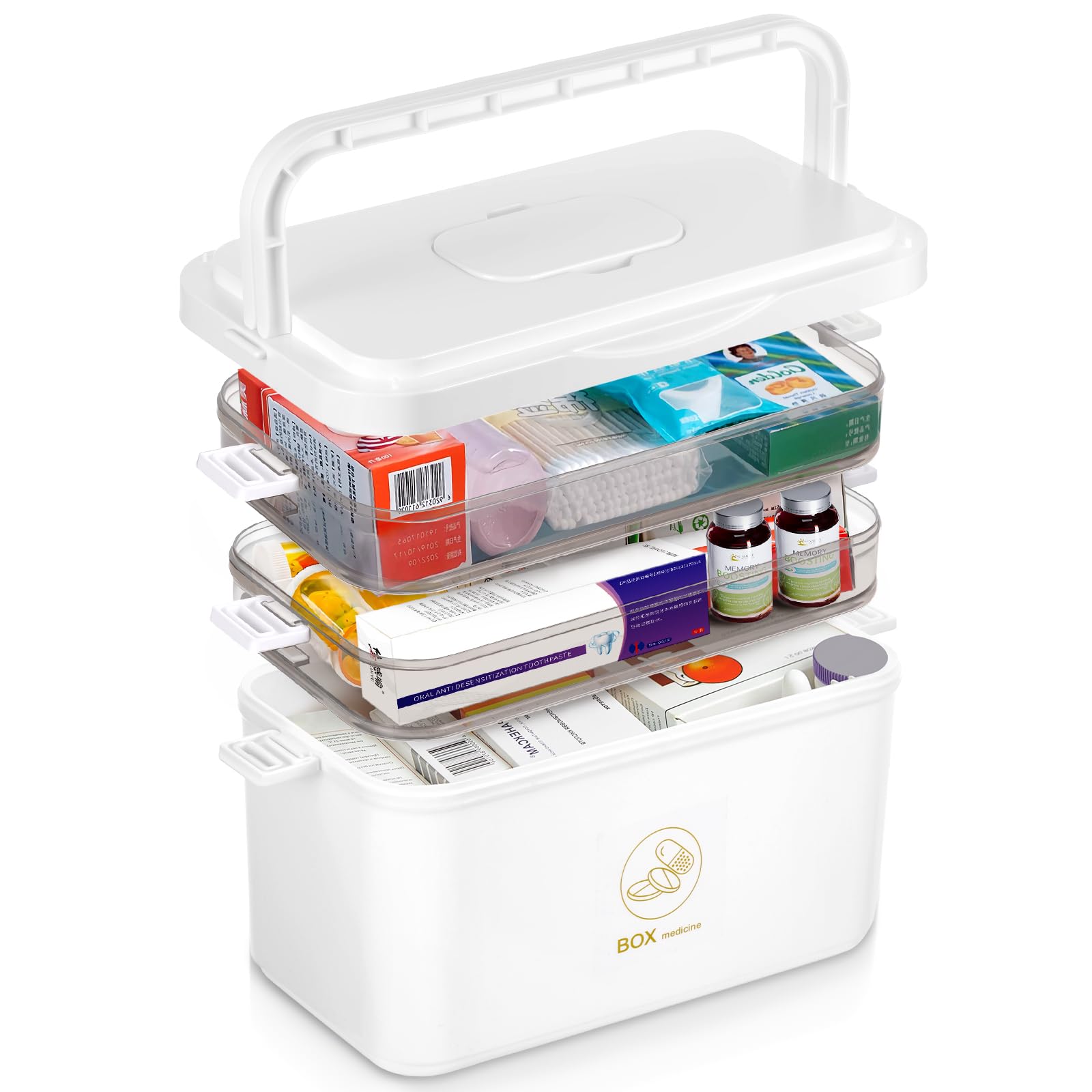 MICHIHOMIE 3 Layer Medicine Storage Box, Portable First Aid Box with Mini Compartment, Large Capacity Medication Boxes Organiser for Home, Office, School