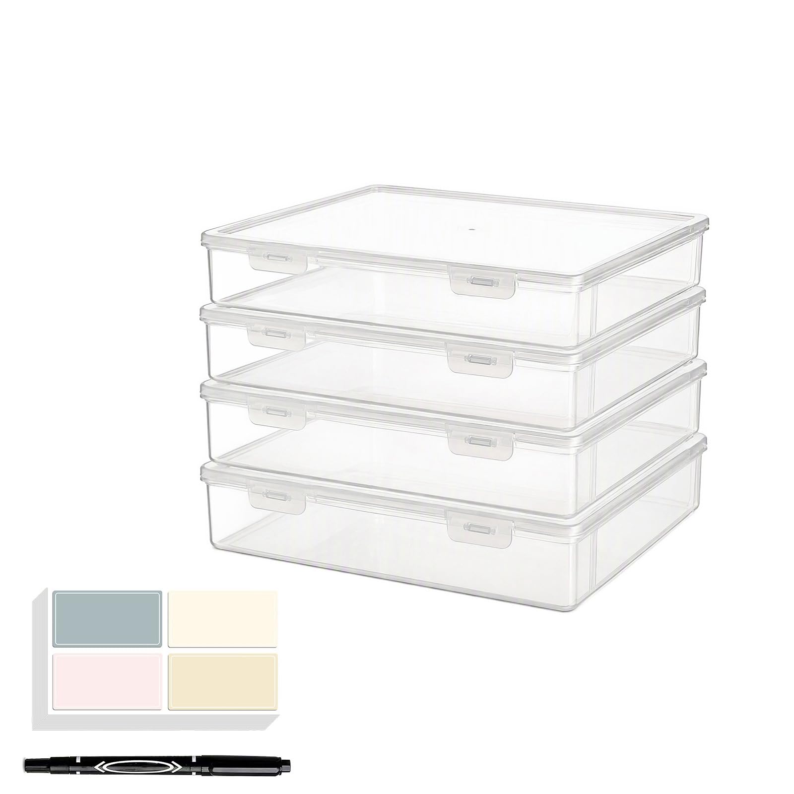 4 Pack A4 Storage Boxes with Lids, Clear Plastic File Box with Latching Lid