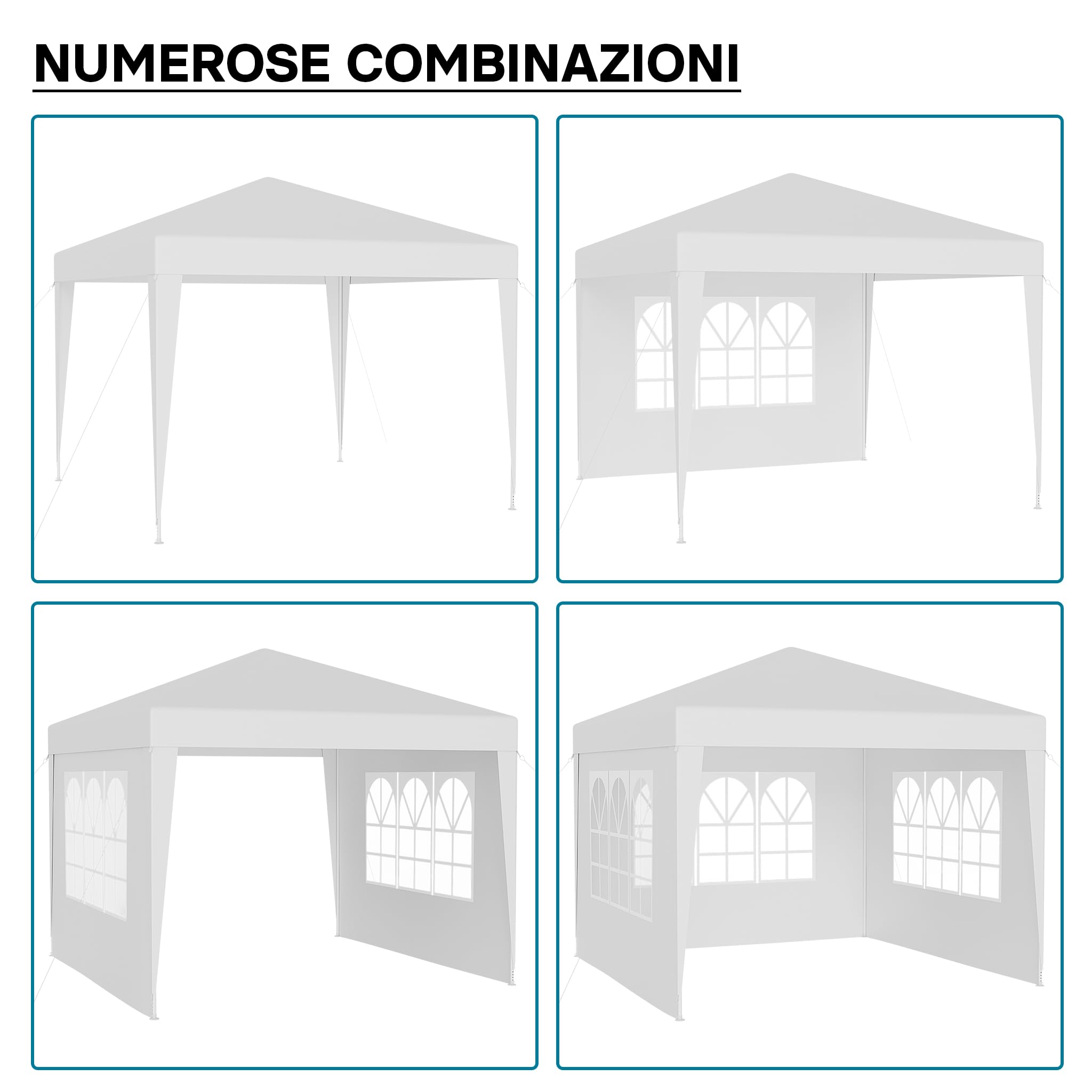 Wiltec Gazebo 3x3 m bianco protezione UV 50+ tendone da giardino lati rimovibili tenda da festa finestre