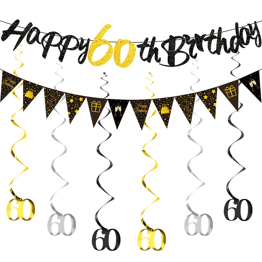 HUKUMA 60 Geburtstag Mann, Geburtstagsdeko 60 Jahre Frau, Sweet 60 Deko Girlanden, Schwarz, Geburtstagskette Spiralen, Happy Birthday Banner 60 Geburtstag Dekoration für Männer u