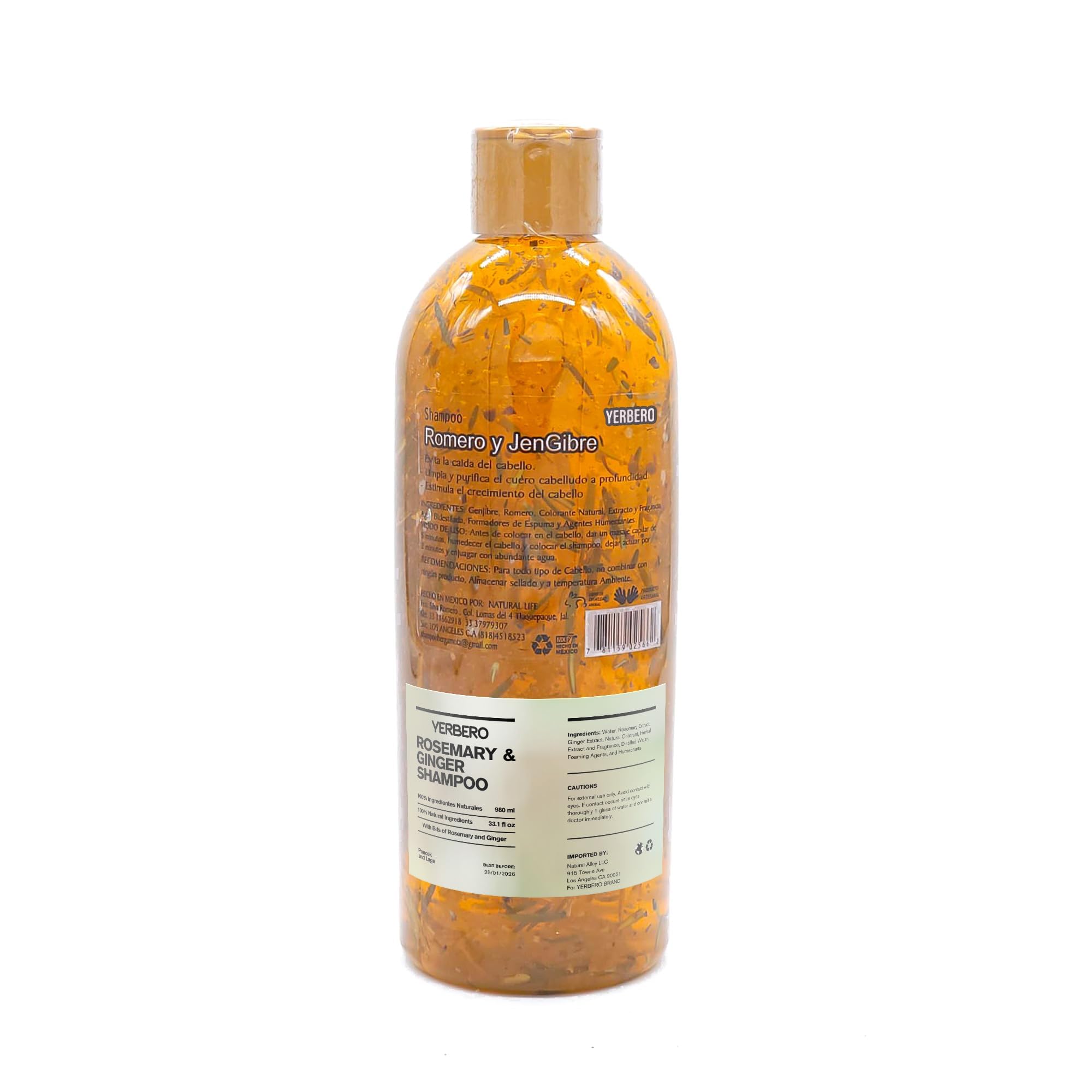 Yerbero - Ginger + Rosemary All Natural Shampoo 980ml (33.1 Fl Oz) | 100% Natural, Fast Growth, Stop Hair Loss Crecimiento Rápido | Romero y Jengibre Herbal Artisan Made With Bits of Rosemary & Ginger