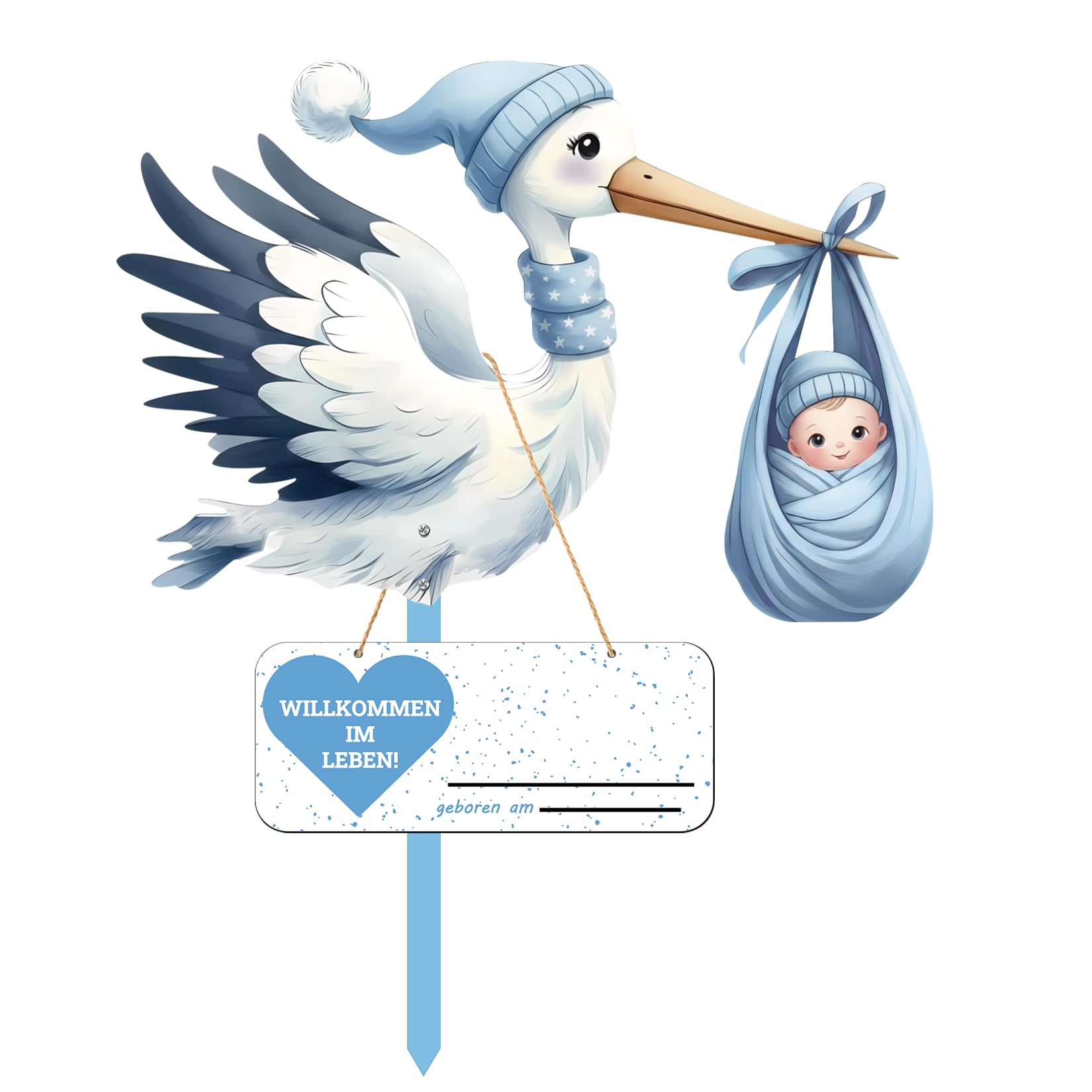 Mailfull Klapperstorch Set zur Geburt Baby 89cm Holz Storch Geburt für Draussen Willkommen Zuhause Baby Deko Inkl Holzstab Namensschild Grußkarte (Blau)