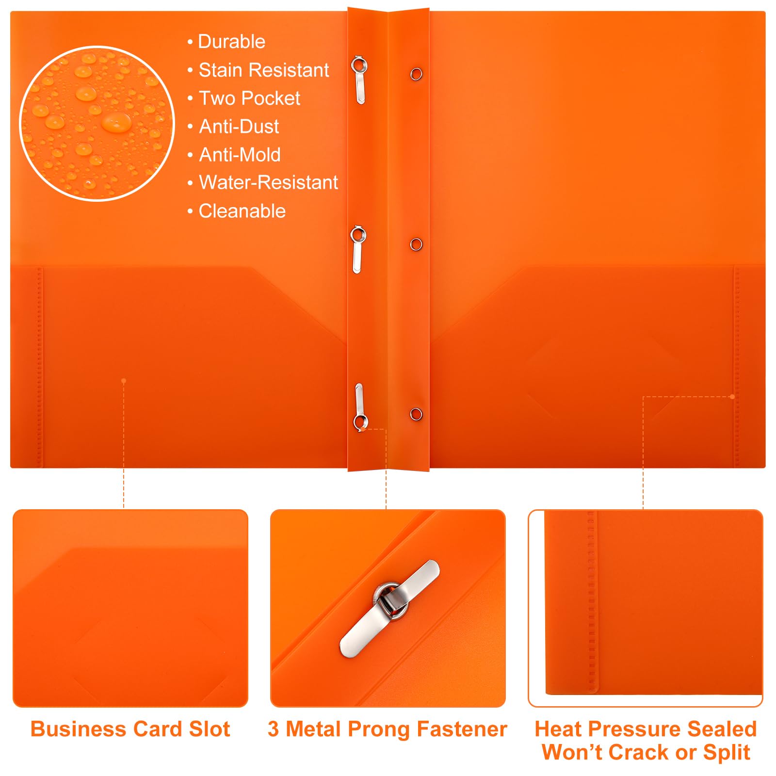Patelai Lot de 48 dossiers en plastique avec poches, 2 pochettes robustes avec 3 broches et attaches pour l'école et le bureau (orange)