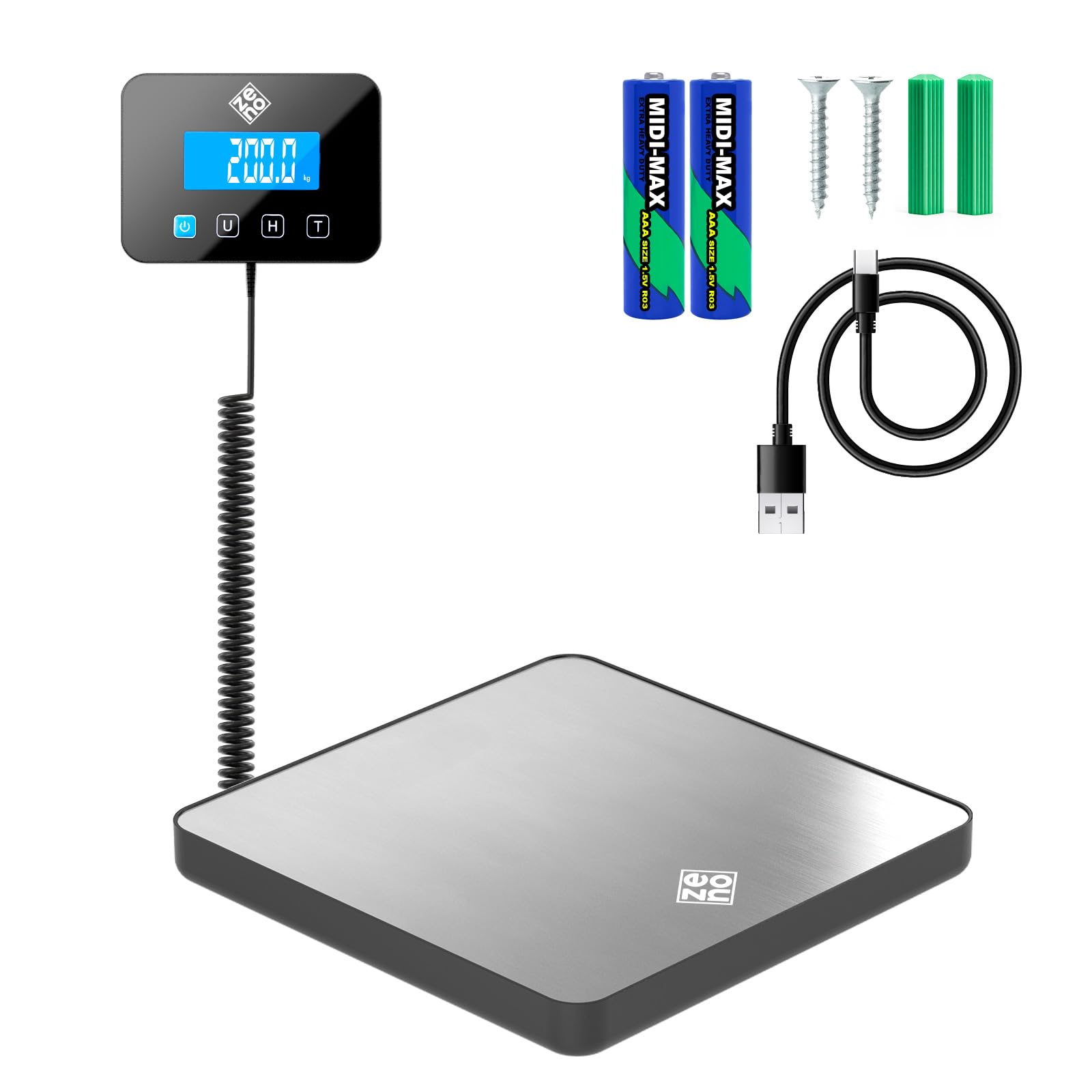Bascula Industrial - 200 kg/10 g - Bascula Comercial de Alta precisión con Función de Retención/Tara - Perfecta para Paquetes, Equipaje, Uso Profesional - Batería y cable incluidos - Plata