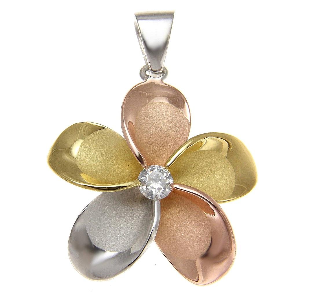 Arthur's Jewelry 925 Sterling silver yellow rose gold tricolor plated Hawaiian plumeria pendant cz 30mm