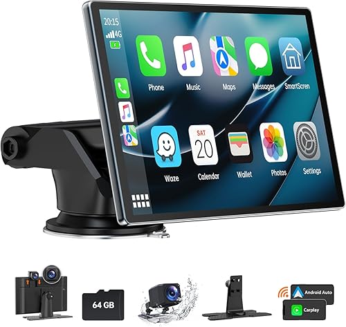 Carplay inalámbrico y Android Auto con cámara de tablero 4K, pantalla portátil Apple Carplay de 9 pulgadas con cámara de respaldo de 1080p,