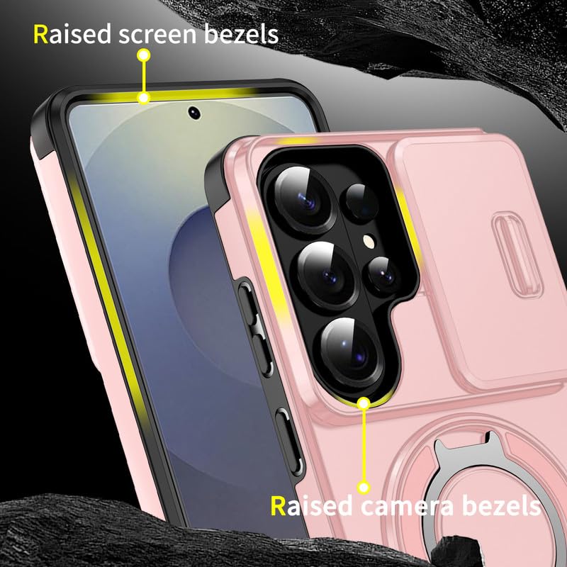Image of LuxuryKase Shockproof Rugged Case for Samsung Galaxy S26 Ultra | Slide Camera Cover | 360 Rotating Ring Kickstand | Military-Grade Protection - Rose Pink