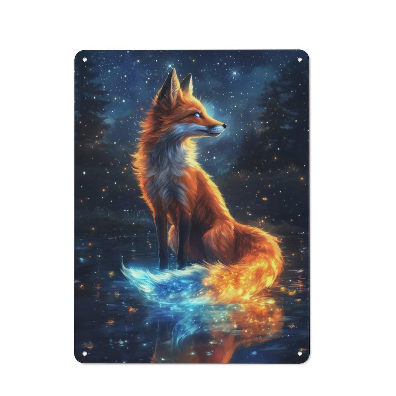 Vintage Blue Neon Fox And The Moon Decorative Metal Plaque 40x30cm, Garden Room Wall Plaque for Shed, Garden Room, Porch Or Garage