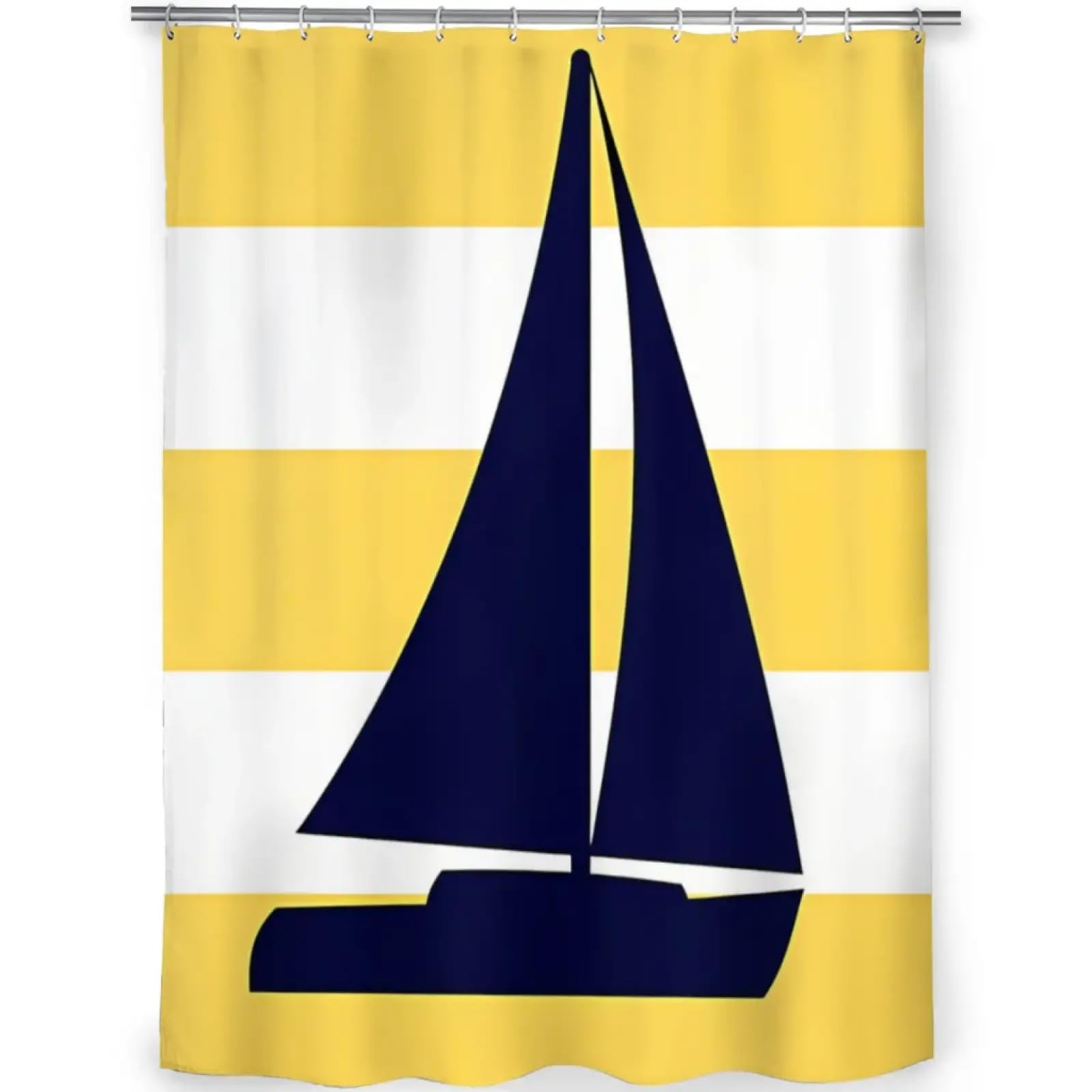 Voilier Marine Nautique sur Rayures Jaune Moutarde Rideaux de Douche de Salle de Bain Tissu imperméable Lavable en Machine avec Crochets 200x243cm (79x96in)