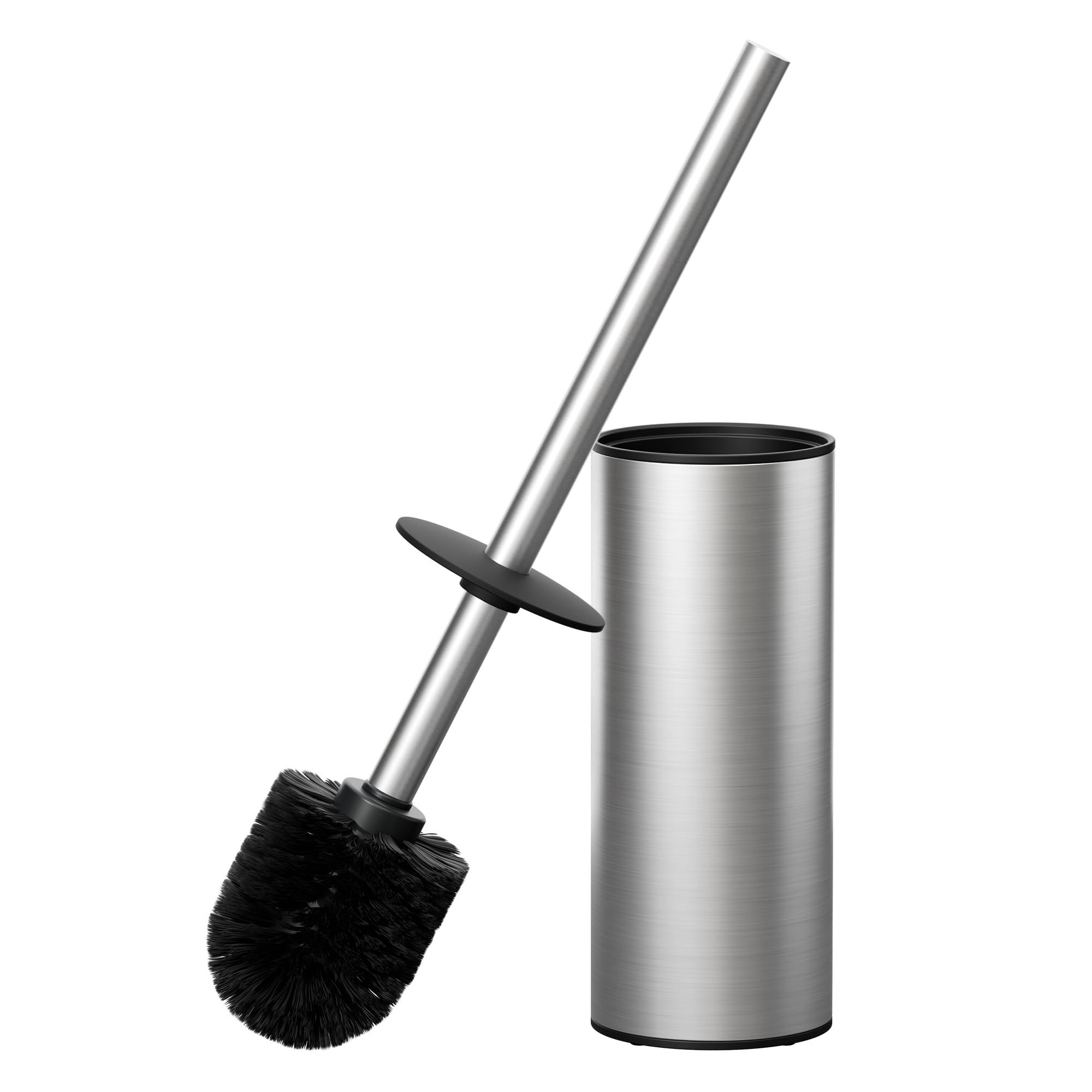 FORIOUS Toilet Brush and Holder Set Brushed Nickel, 304 Stainless Steel Long Handle and Heavy Duty Base for Bathroom Deep Cleaning, Drip-Proof, Space Saving for Storage, 2 Toilet Bowl Brush Head