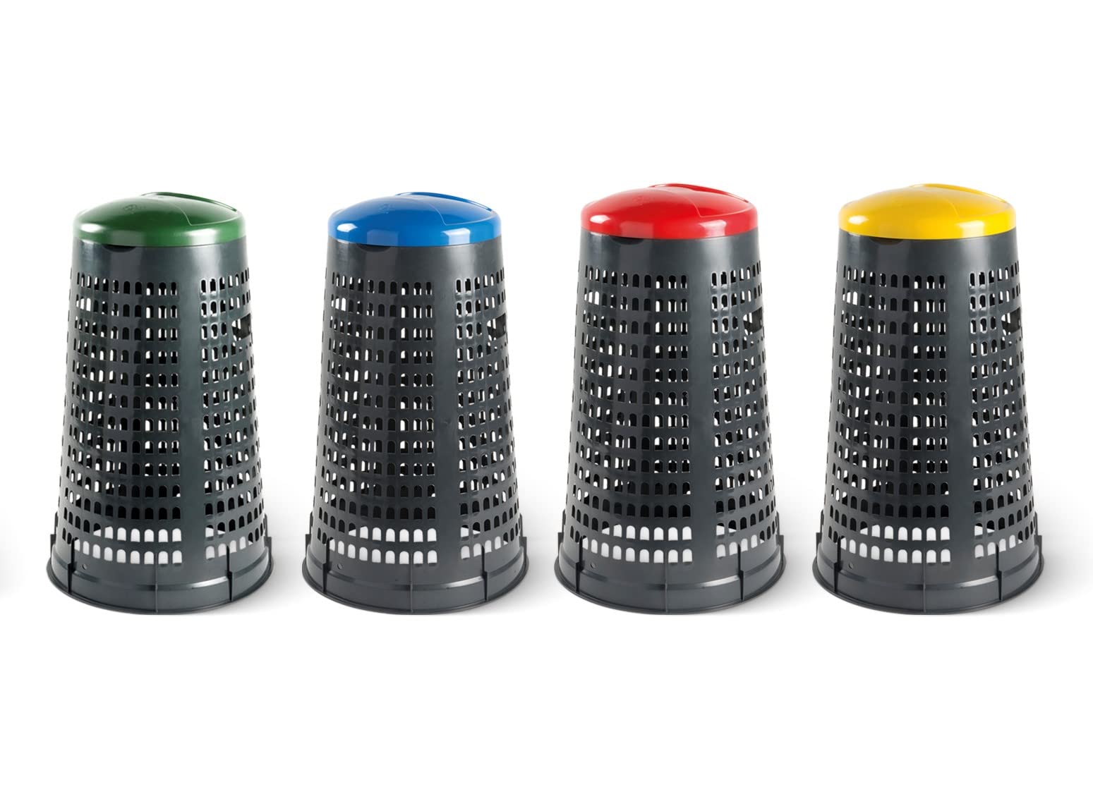 Eplastic | Set 4 Trespoli Porta Rifiuti 110L – Bicolor con Fondo Grigio e Coperchi Colorati (Blu, Giallo, Rosso, Verde) per Raccolta Differenziata