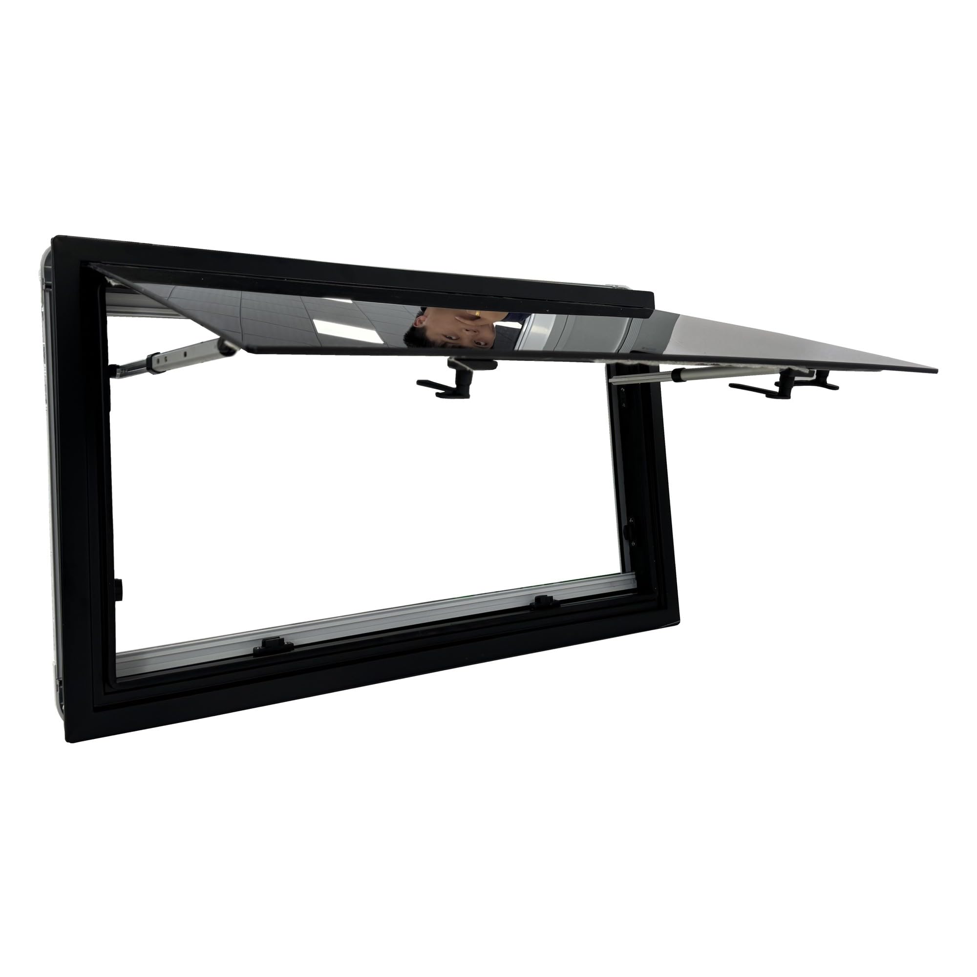 SWISS OUTDOOR Finestra a battente 900*500 – Vetro acrilico ULTRAFLAT, omologato ECE R43, doppi vetri, tenda avvolgibile e zanzariera, cornice nera, isolato, finestra per camper van furgone conversione