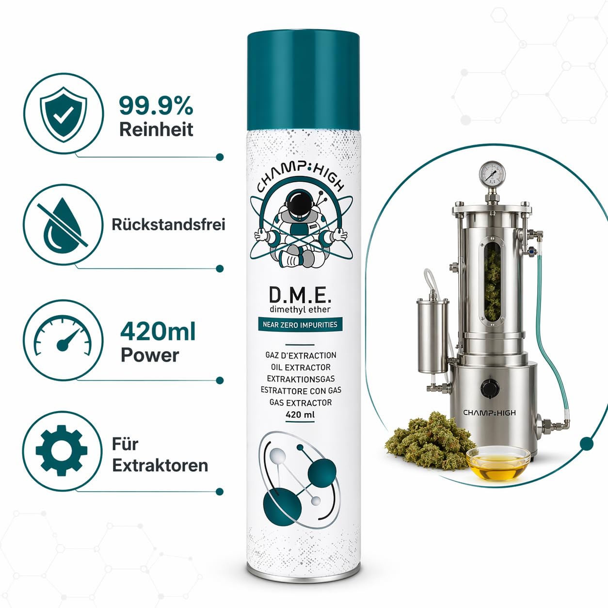 Champ HIGH DME Gas 420ml / 277g - 99,9% reines Dimethylether Extraktionsgas, hochrein für technische Extraktion, Aerosoldose (12)
