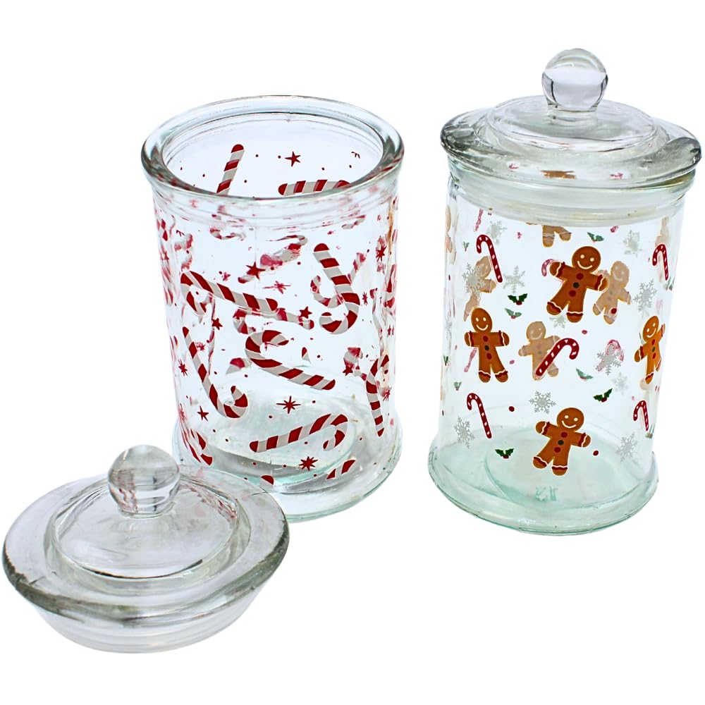 Barattolo per aromi, contenitore in vetro con motivo natalizio, per biscotti con pan di zenzero e bastoncini di zucchero, altezza 19 x 10 cm, capacità 600 ml per bicchiere, contenuto della confezione: