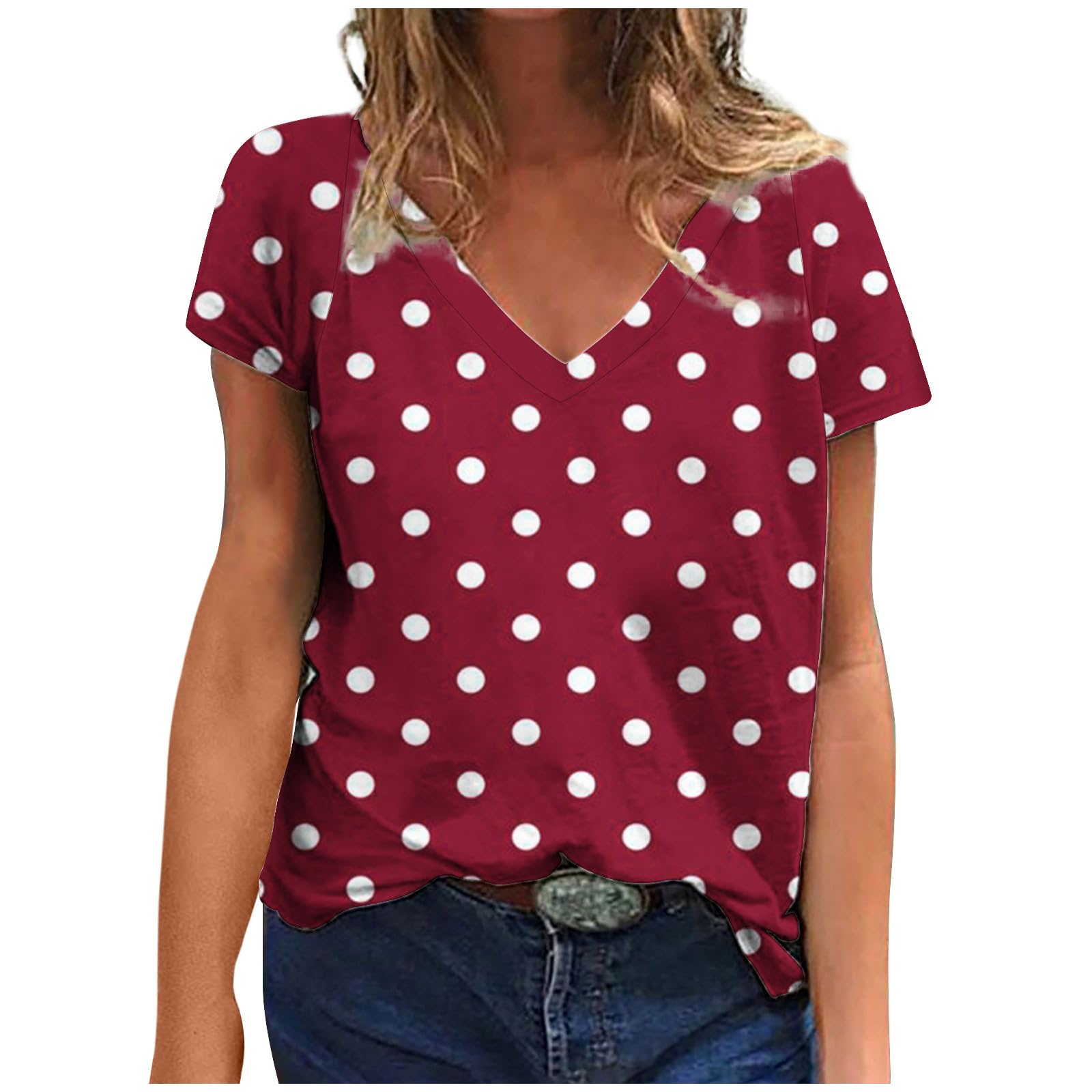 NUSGEAR Camiseta de Manga Corta Mujer Moda Estampado de Lunares Camisa Verano Casual Suelto Cuello en V Túnica Tops Blusa Elegante Fiesta T-Shirt Original Basic tee Camisetas 2024