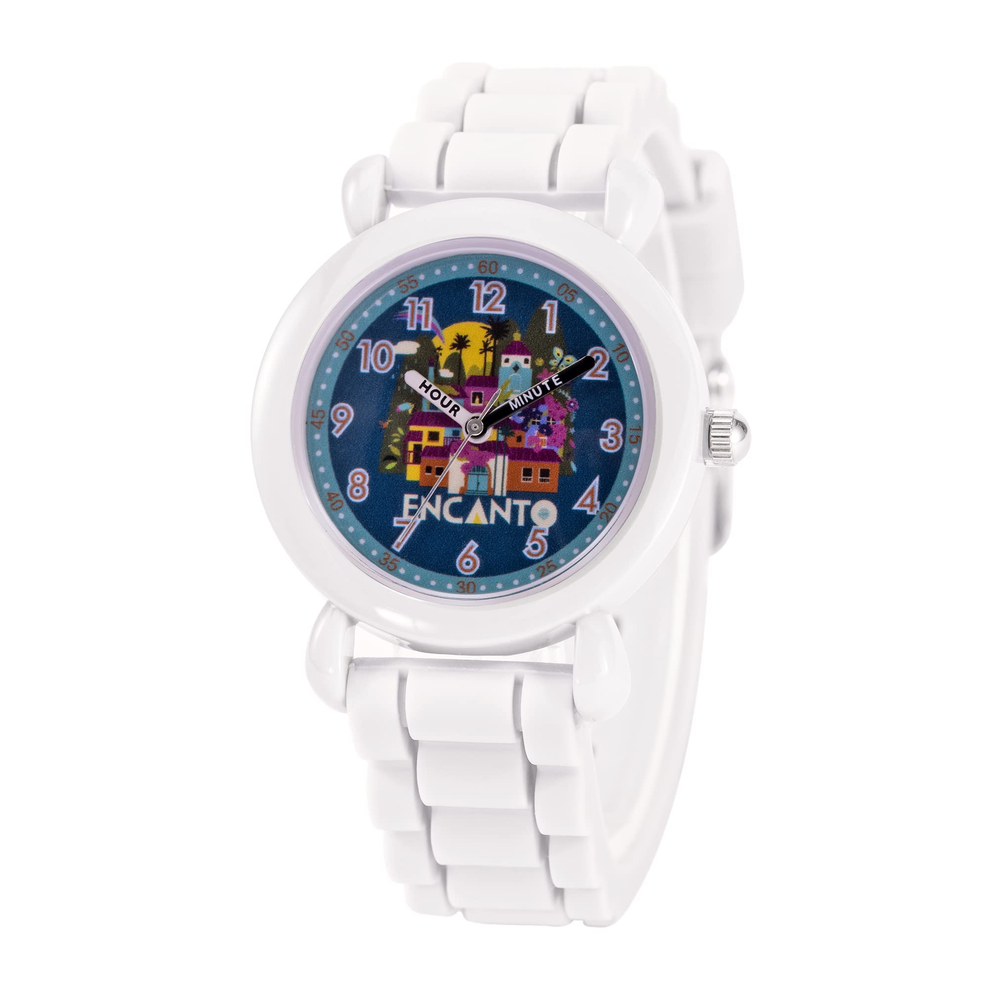 Disney Reloj Encanto para niños de 3 a 7 años con esfera clásica de personajes, regalo para niños que aman Encanto, cara fácil de leer, bisel blanco y correa de silicona blanca, compra y obtén 1 reloj