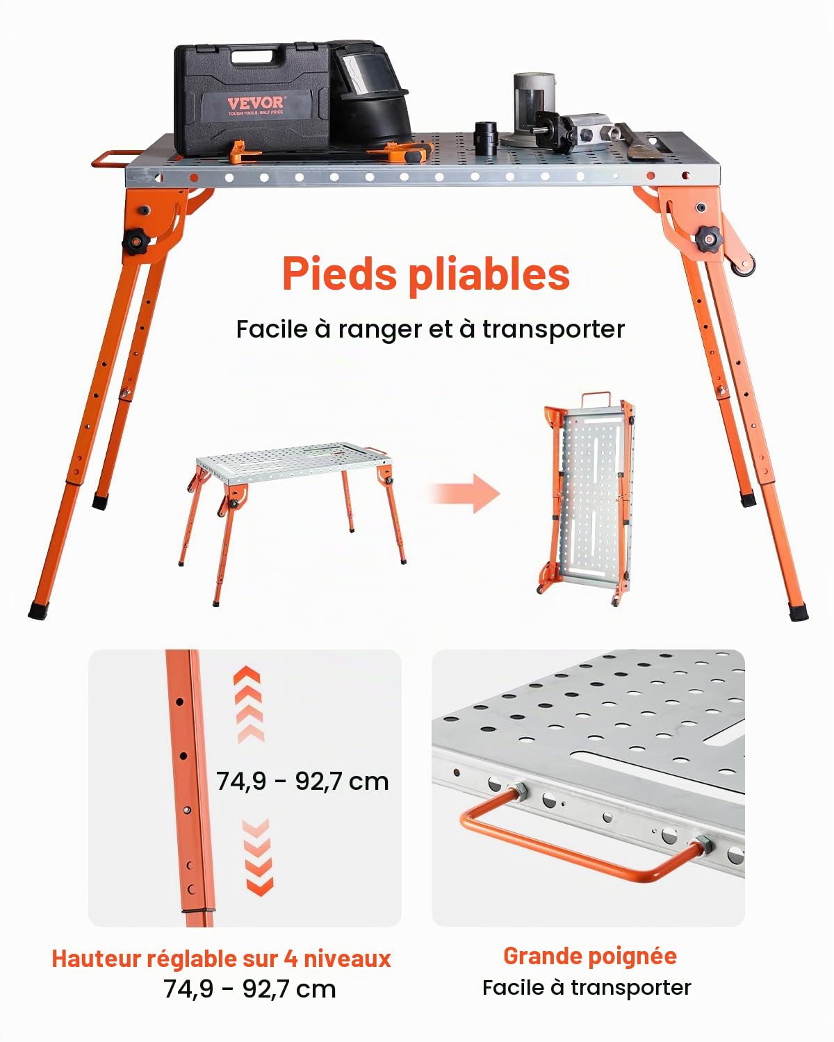 VEVOR Table de Soudure Pliable 533x1118 mm Établi de Soudage Hauteur Réglable 4 Niveaux Capacité de Charge 226 kg en Acier au Carbone Emplacements d'Outils, Trous de Fixation, pour Réparation Soudage