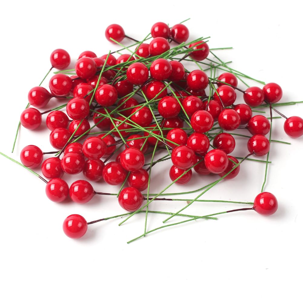 500 sztuk sztucznych czerwonych jagód, mini łodygi jagód, jagody, dekoracyjne gałązki z jagodami ostrokrzewu, na Boże Narodzenie, wesele, choinkę, wieniec z kwiatów, dekoracja DIY, 20 mm
