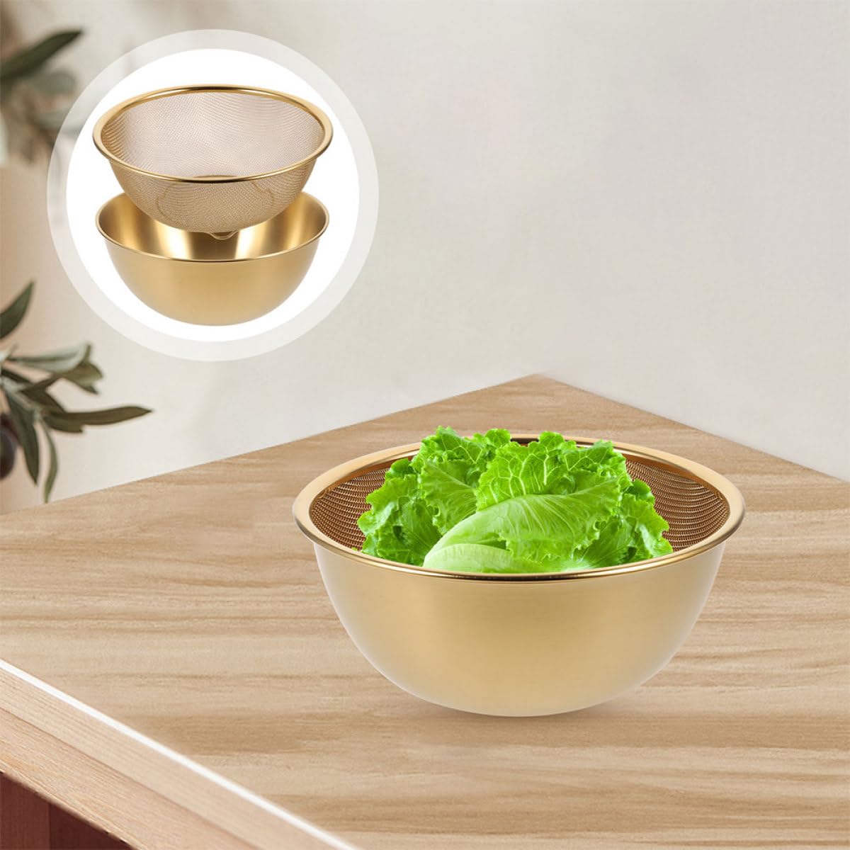 Hohopeti Escurridor de Arroz y Colador de Acero Inoxidable 24 CM Cesta de Malla Fina Dorada 2 Piezas para Lavar Verduras y Frutas Cedazo Multifuncional Base Antideslizante para Cocina