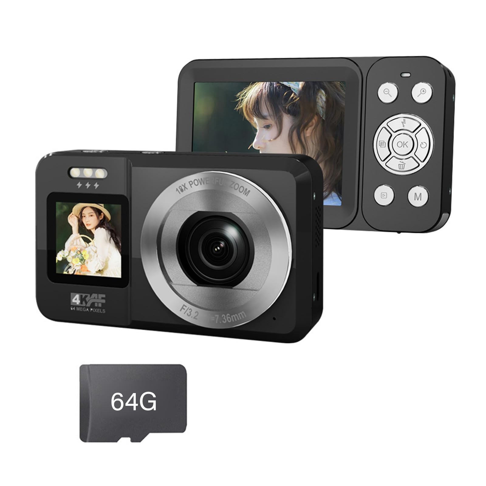 Cámara digital 4K 64MP doble pantalla zoom 18X portátil para adolescentes, viajes y fotografía al aire libre, cámara de doble pantalla para fotografía de viajes