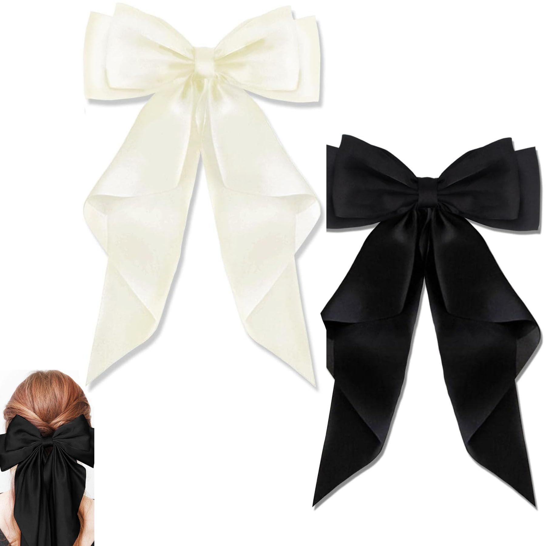 BAIYSFFGBig Bow Hair Clips with Long Silky Satin,2PCS Solid Color French Barrette Simple Hair Fastener Accessories for Women Girls