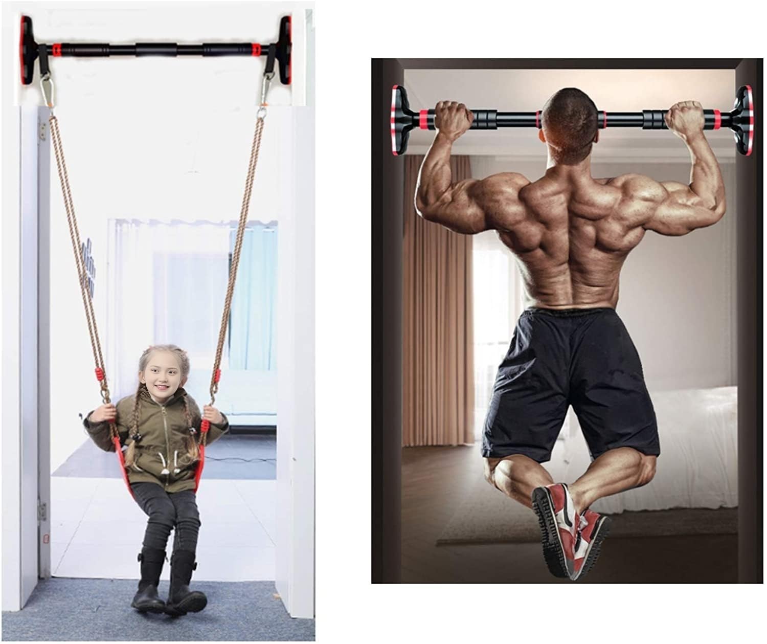 Multi-Use NO Need Punch Adjustable Doorway Swing Set,Trapeze Bar,Fits 24 to 36 inch door frames,Load-bearing 400Lbs,Simple Install, Safe Lock for Exercise and Child Play