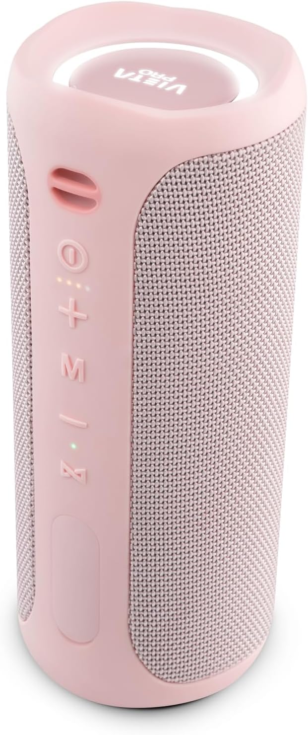 Angled view of Vieta Pro Party speaker showing controls and top panel with Vieta Pro logo.
