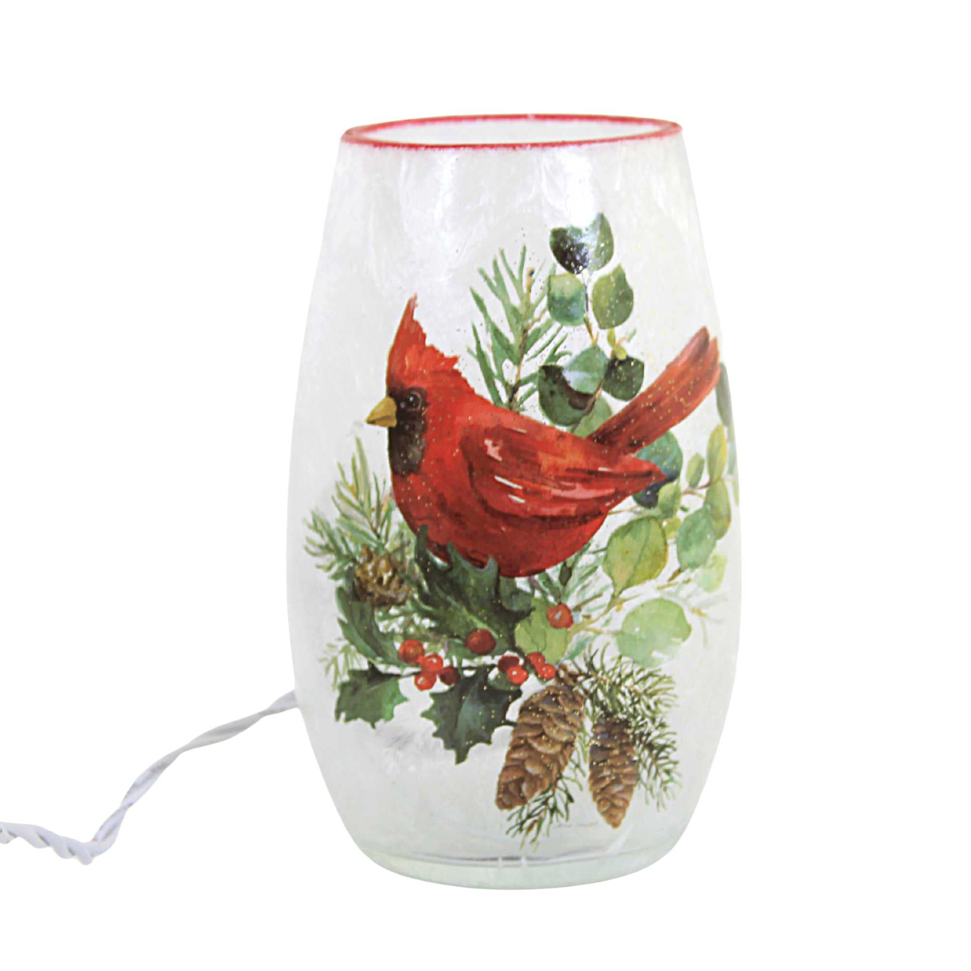 Stony Creek Pine Boughs & Birds Small Vase Glass Pre-Lit Electric Christmas - One Electric Vase 5.25 Inches - Lll2204 Cardinal - Multicolored