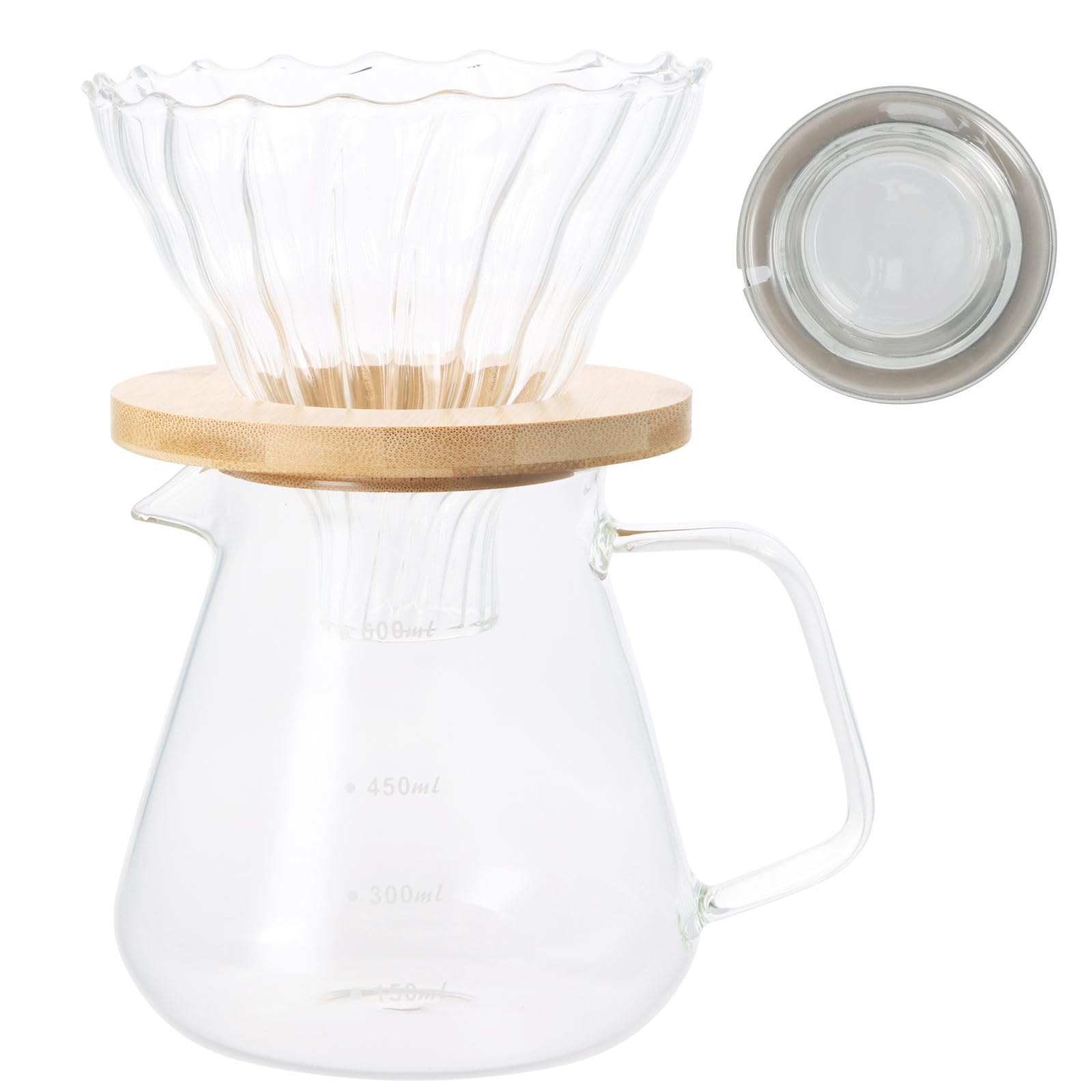 Cafetière Pour-Over en Verre 600ml - Manuelle avec Filtre et Couvercle - Infusée à la Main - Verseuse Transparente