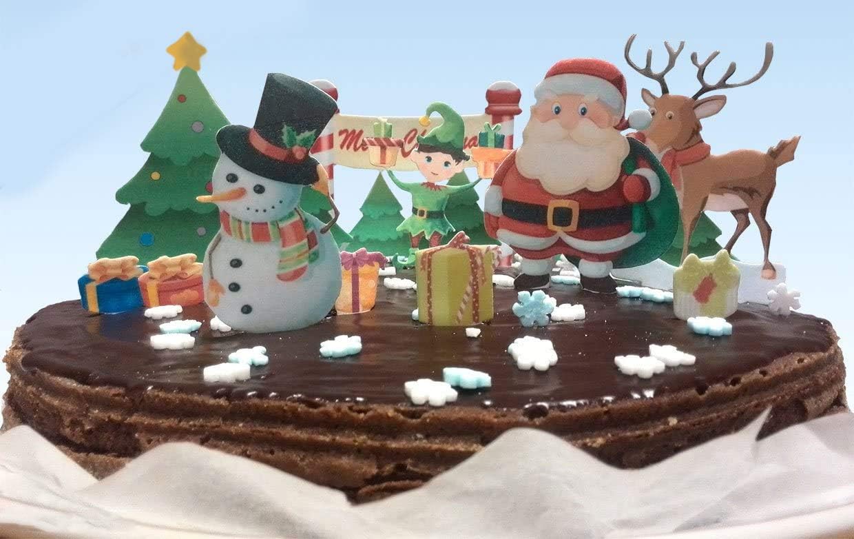 Pre-Cut Edible Stand up Magical Christmas Cake Set Wafer/Rice Paper Cupcake Dessert Toppers Winter Holiday Season Decorations