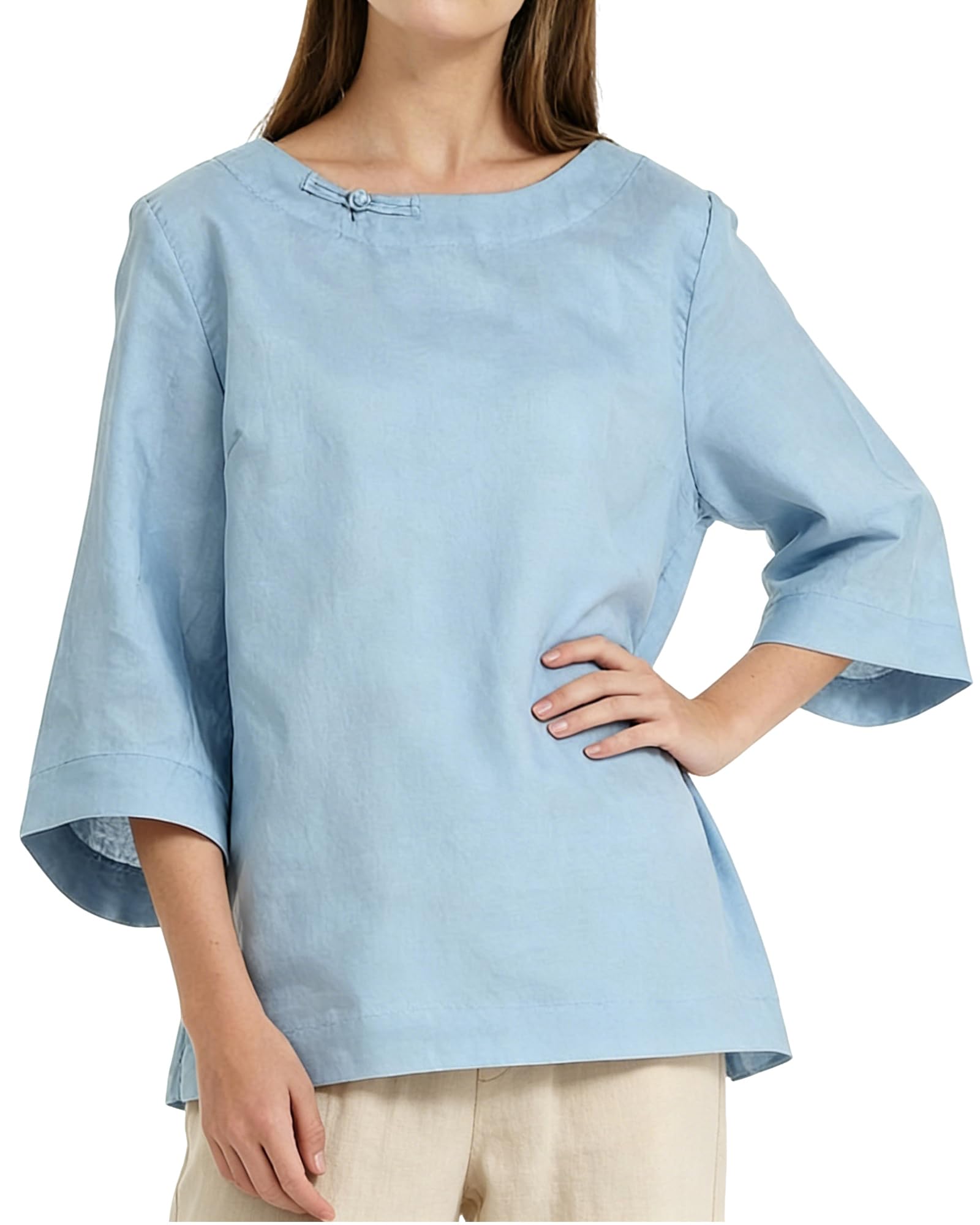 FTCayanz Chemisiers et Blouses Femme en Lin Tunique et Elegant Été Tee Shirt Col Rond et Manche 3/4