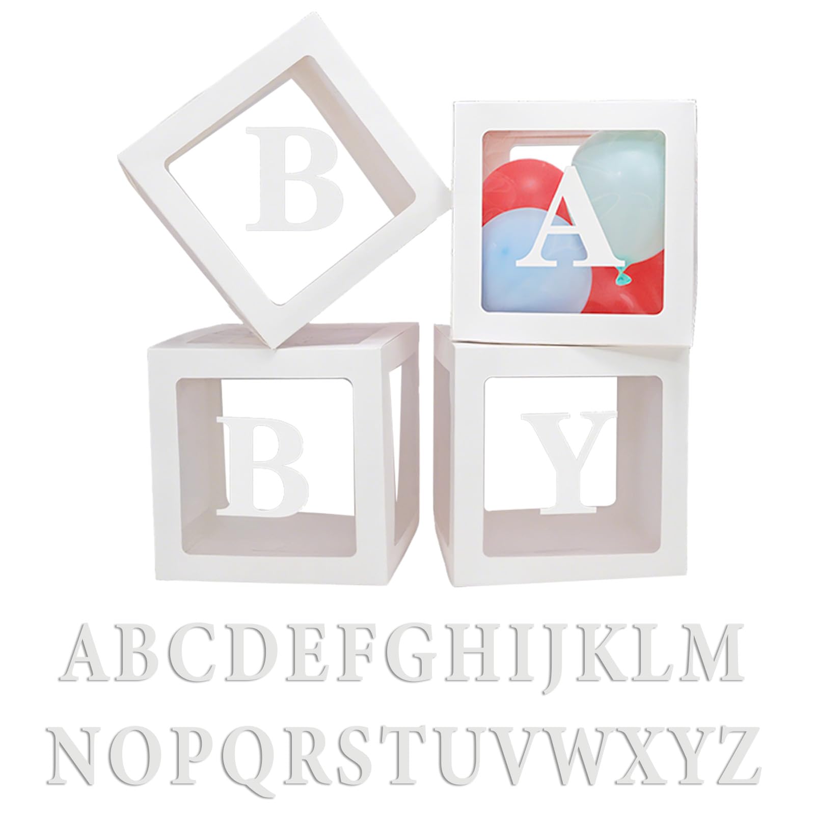 4PCS Baby Shower Decorations Boxes, Balloon Box, Transparent Boxes with 26 Letters, White Transparent Square Box for Boy Girl Baby Shower