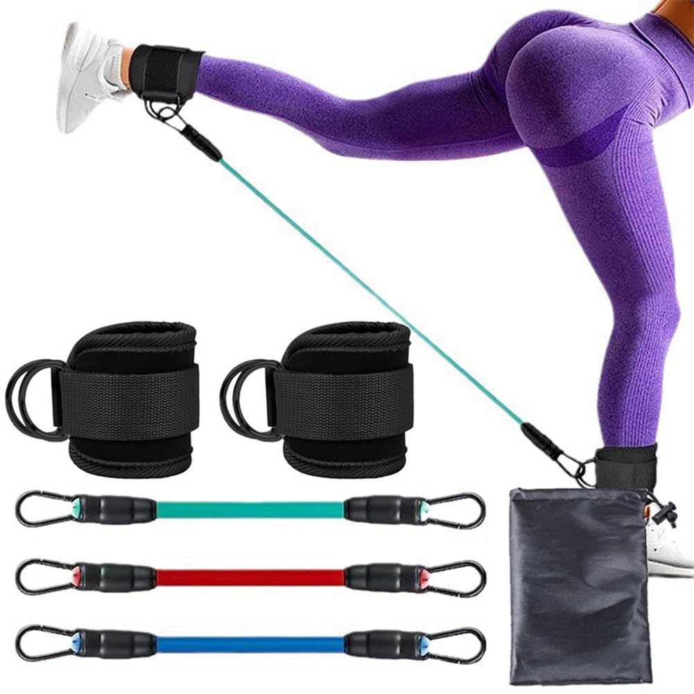 Fegtrtyoa Ceinture élastique 3 En 1 Avec Bandes De Cheville – Kit De Résistance Pour Les Jambes, Entraînement Et Rééducation, Bleu Ciel, Avec Housse De Transport