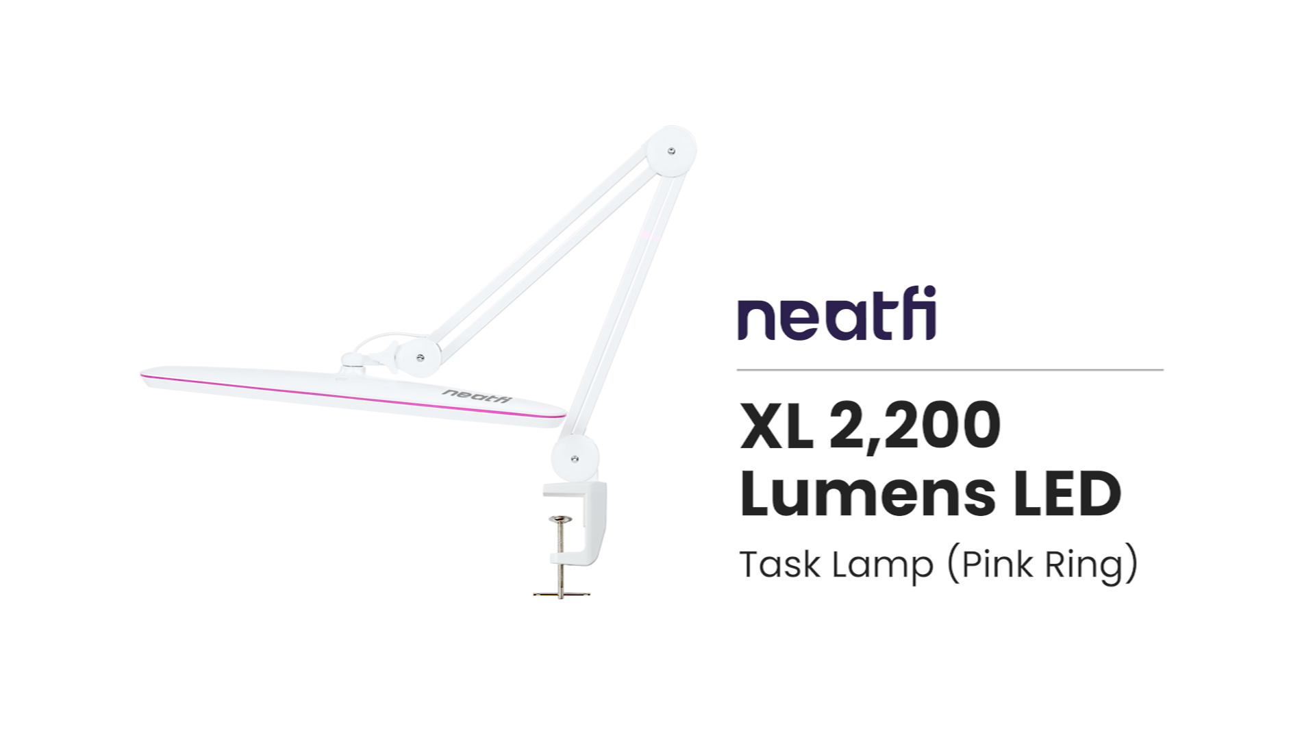 Image of Neatfi XL 2,200 Lumens 24W LED Desk Lamp - 23 inch Wide Shade | Dimmable Eye-Caring Task Light | Adjustable Arm | Home Office, Study, Crafts & Nail Tech (White with Pink Ring, Non-CCT with Clamp)