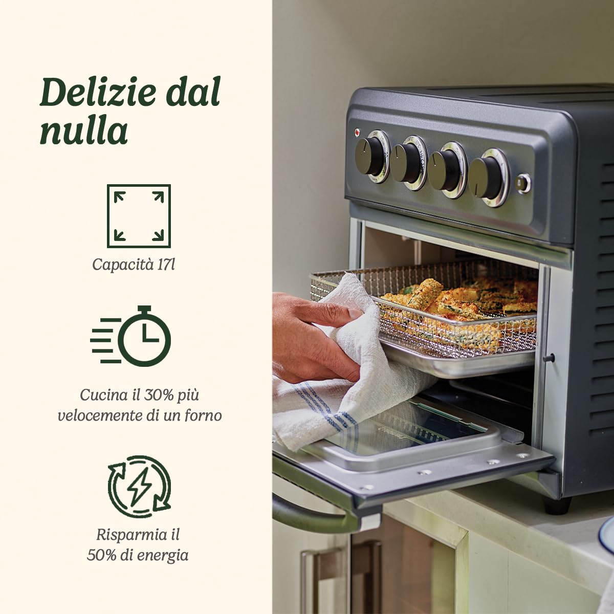 Cuisinart Air Fryer Mini Oven | 7 in 1: Air Fry, Roast, Bake, Grill, Toasties, Toast & Keep Warm | 2 livelli di cottura, 17L di capacità, spazio per un pollo intero da 1,8kg | Efficienza energetica