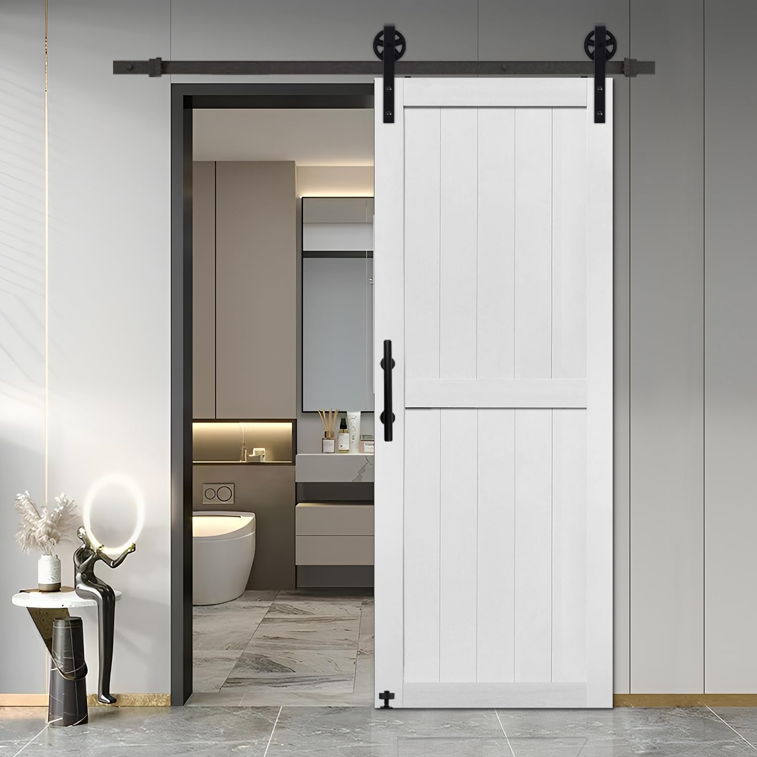 S&Z TOPHAND® 28in x 84in MDF Barn Door with 5FT Sliding Door Hardware Kit, 24-60in Solid Barn Door Slab Covered with Water-Proof PVC Surface, Simple Assembly is Required(Big Wheel)
