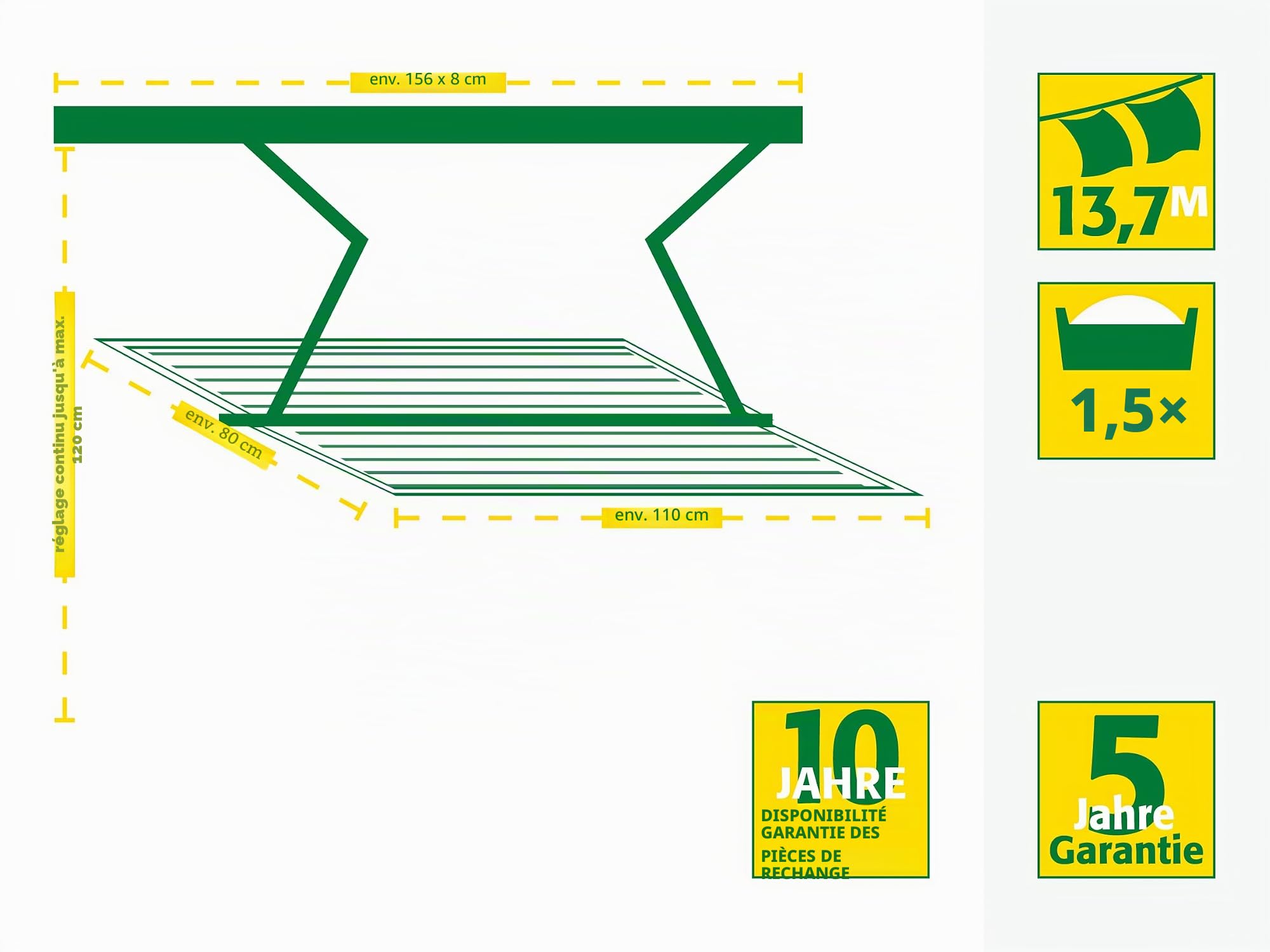 JUWEL Sèche-Linge de Plafond Samba 140 (Longueur de Suspension 13,7 m, séchoir à Linge pour Grandes pièces de Linge/Linge de lit, jusqu'à 120 cm abaissable en continu) 30041