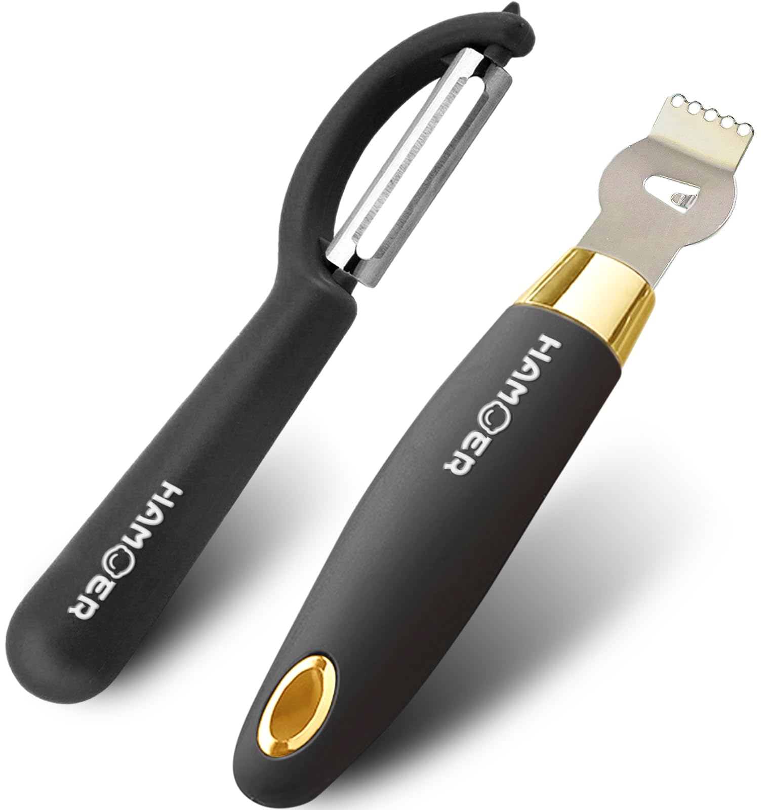 HAMOER Vegetable Citrus Lemon fruit Potato Peeler Zester Channel Knife Tool Set for Kitchen Bar, Stainless Steel Blade, Ergonomic Design Curved Handle, Black-Gold