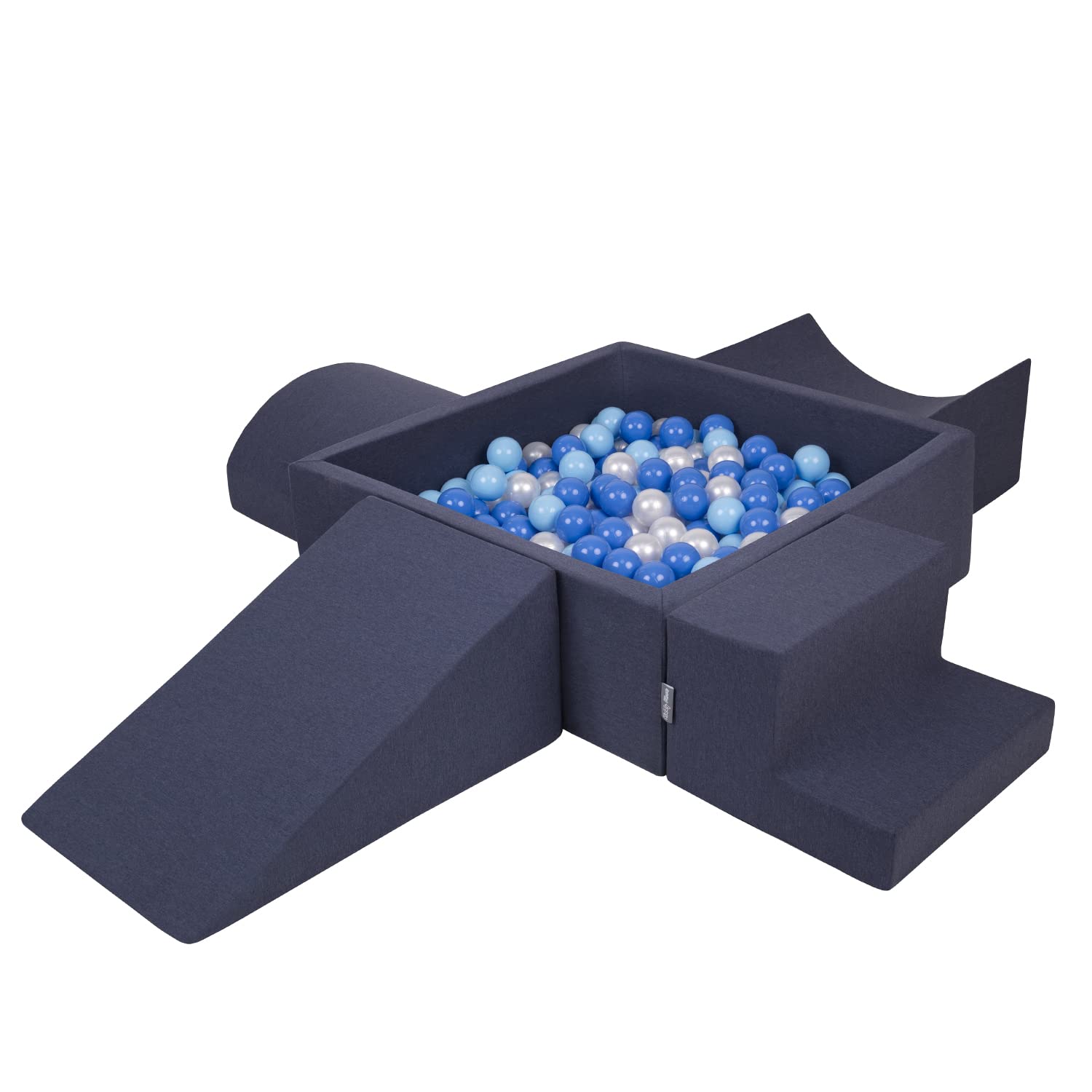 KiddyMoon Foam Playground For Kids With Square Ballpit (200 Balls ∅ 7Cm/2.75In) Soft Obstacles Course And Ball Pool Made In EU, Darkblue:Babyblue/Blue/Pearl