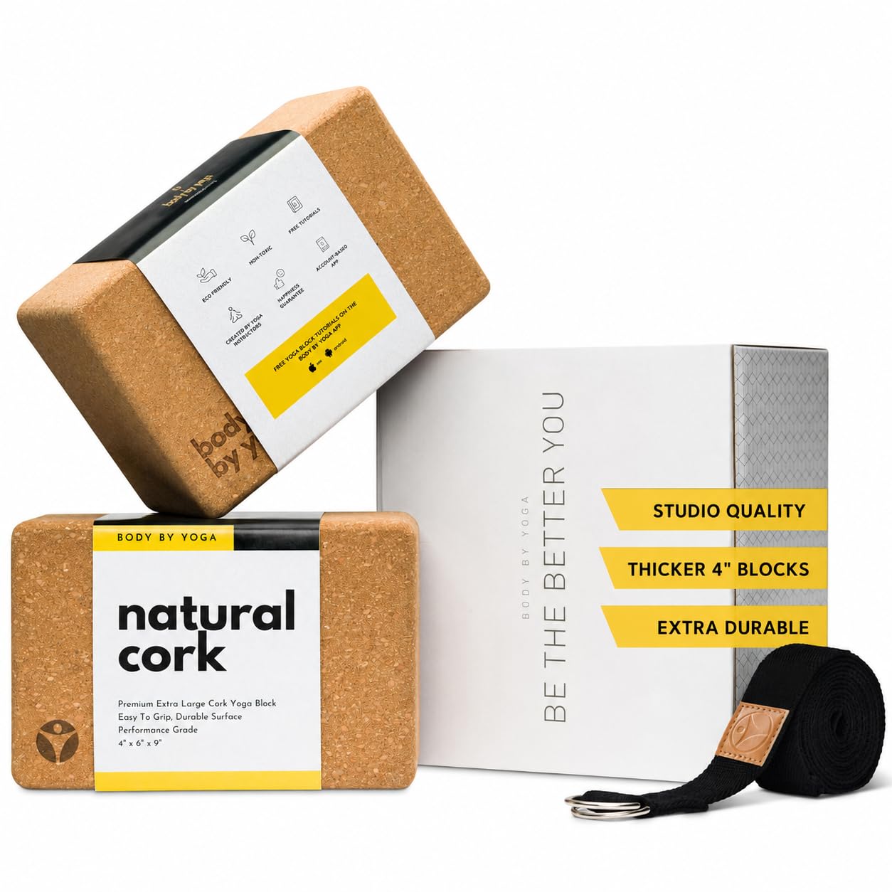 Luxury Cork Yoga Block Set - Extra Large Yoga Blocks with Performance Grade Portuguese Cork | High Density, Non-Slip Support for Safer Balancing | 2 Pack | 100% Cotton, Extra Long Yoga Strap Included